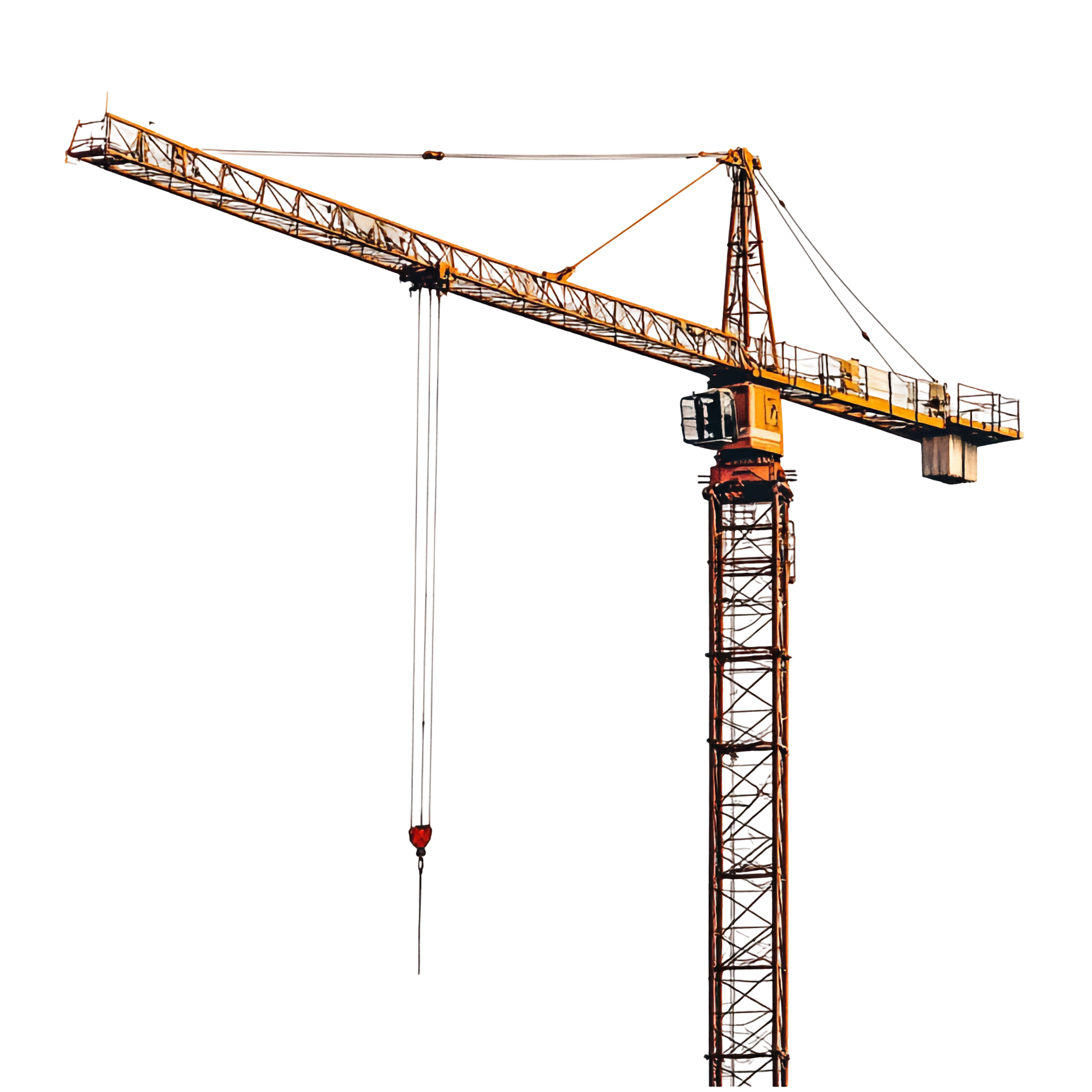 A construction tower crane with a yellow-orange lattice boom extends to the left, and a hoist mechanism hangs from the boom. The crane's cab is at the base, and the background is transparent.