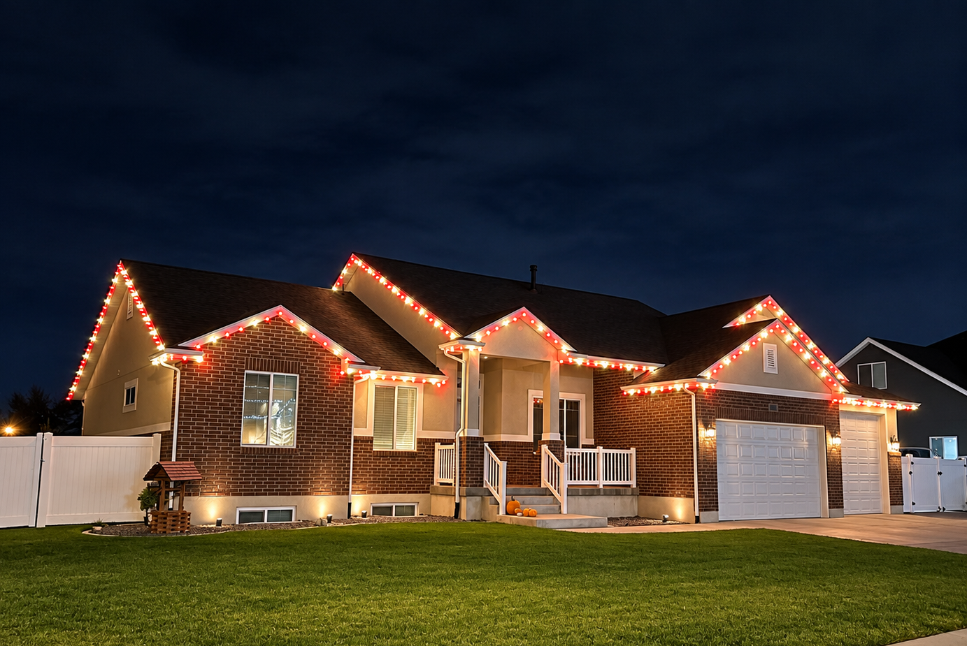 Home with red and white Christmas lights installed along the roofline.