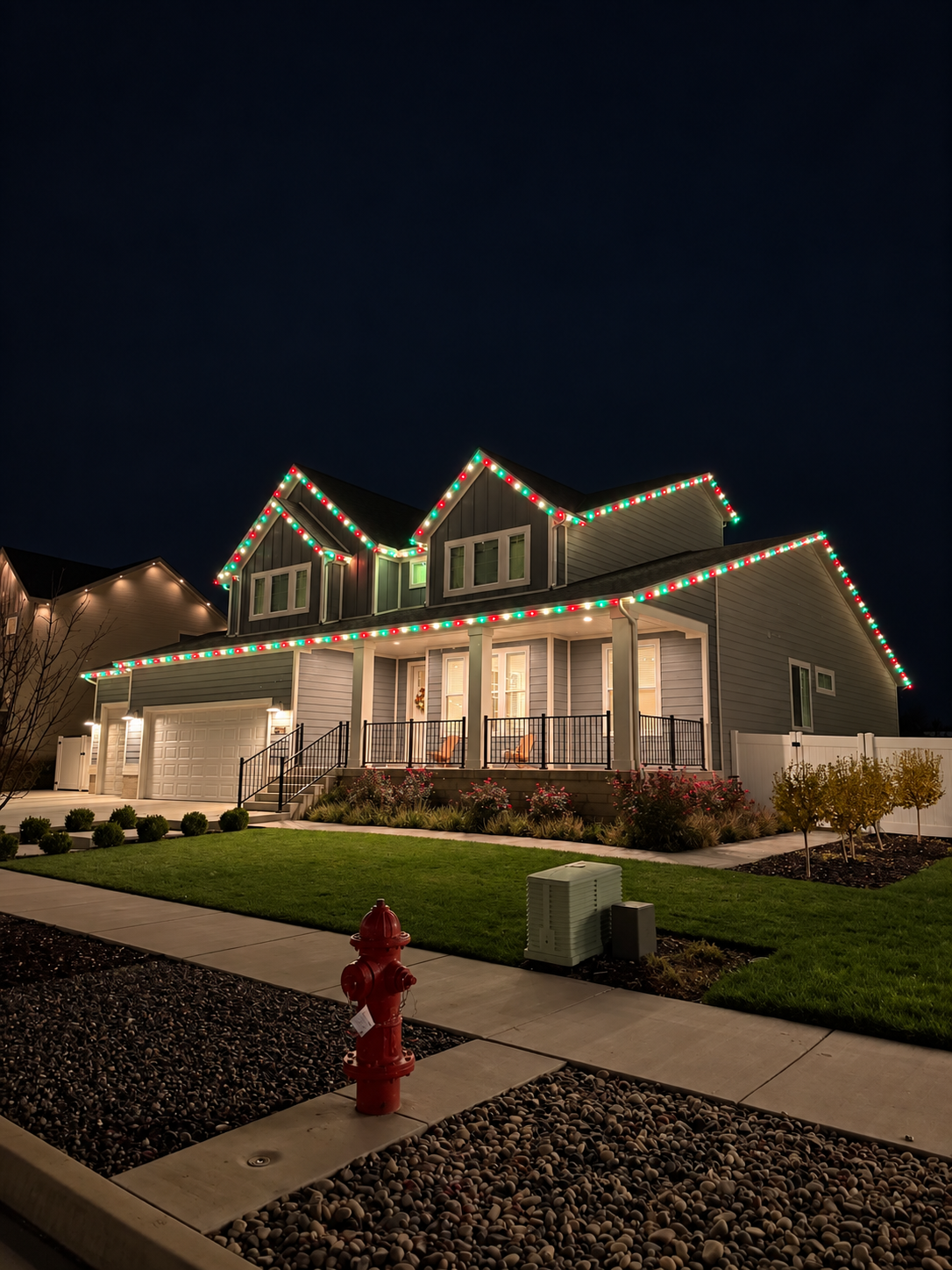 Two-story home decorated with colorful Christmas lights at night
