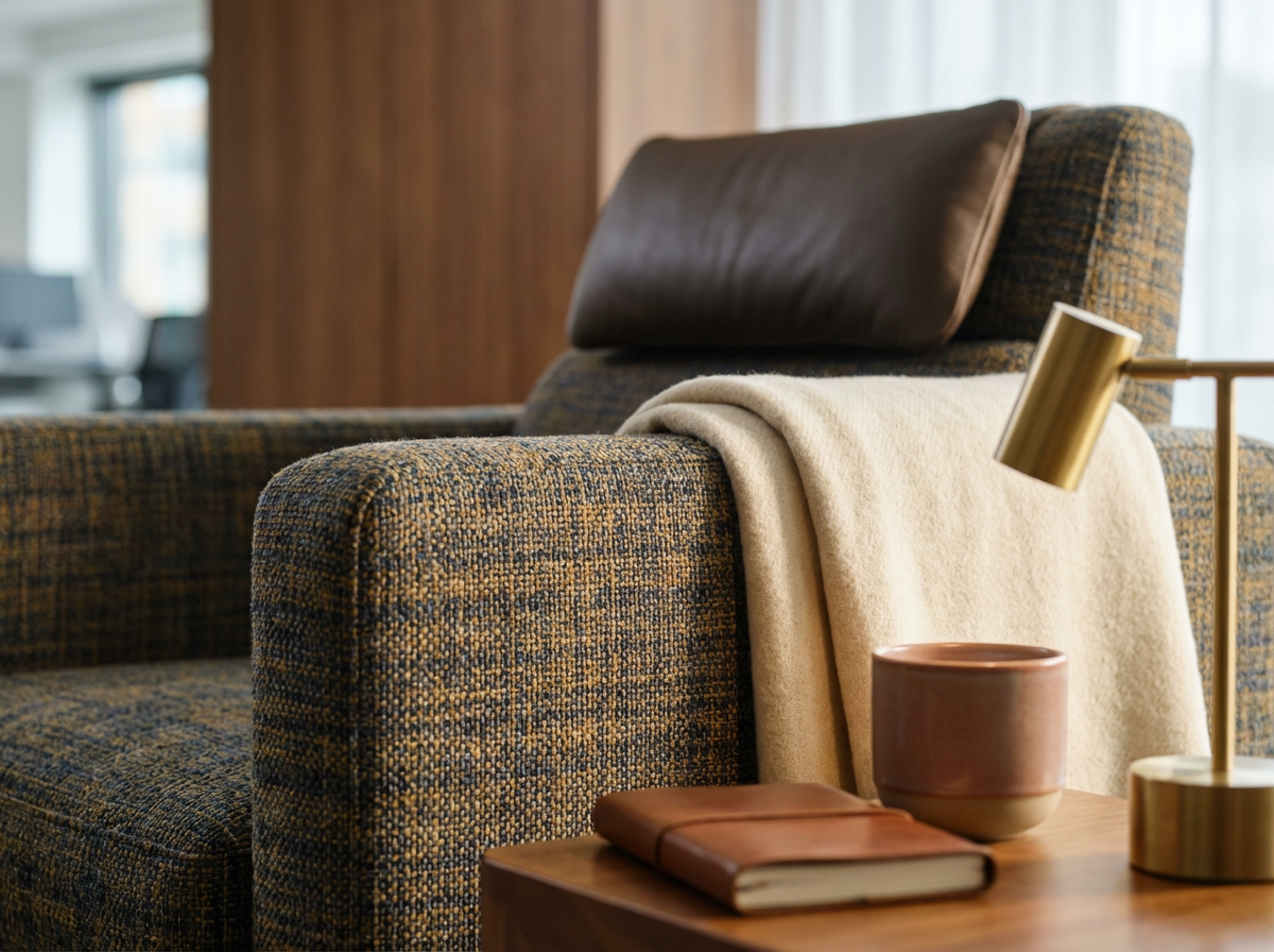 Close-up of a modern living room corner with a tweed sofa, cream blanket, gold desk lamp, brown book, and a cup on a wooden table.