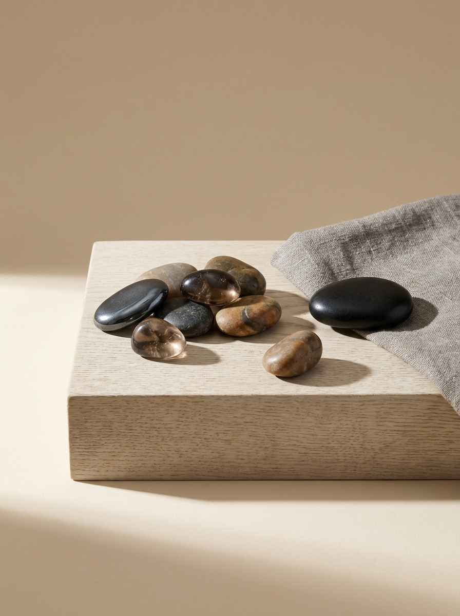 A collection of smooth, rounded stones on a wooden block, with a piece of gray fabric draped over part of the stones.