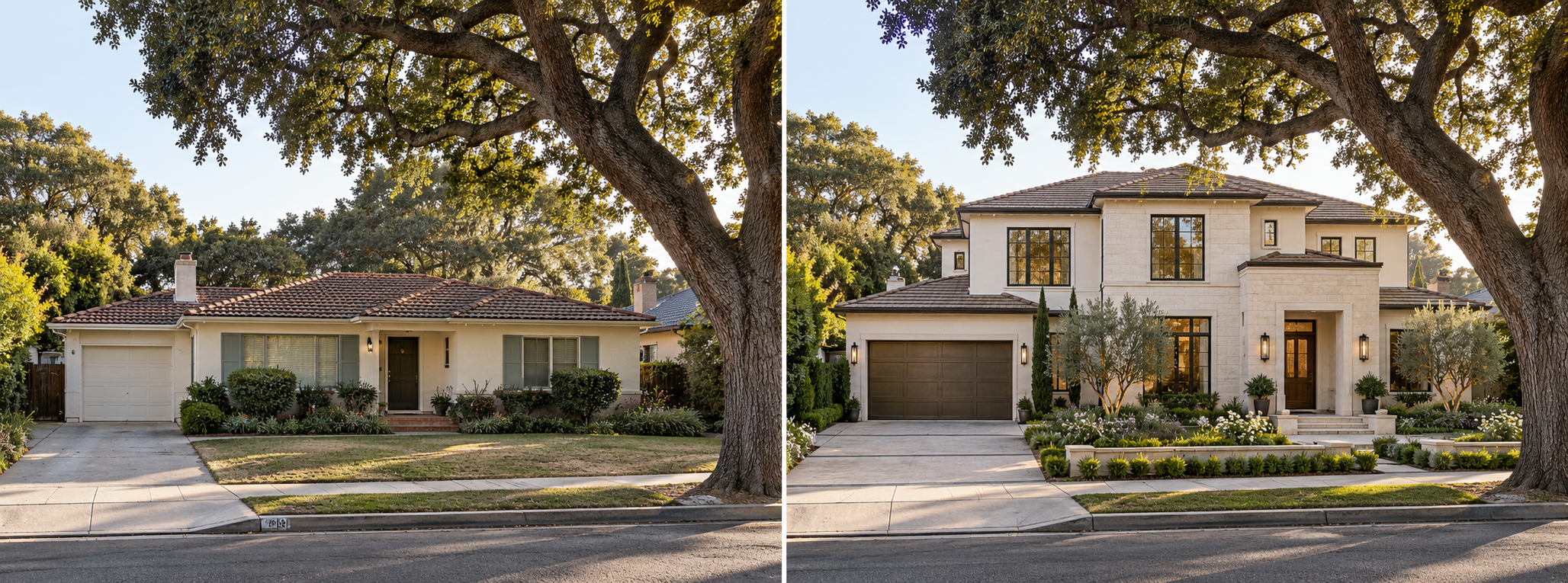 Comparison of two houses, one on the left with a single-story ranch-style design and a mature tree in front, and one on the right with a modern, multi-story design and a landscaped front yard, both under clear skies.