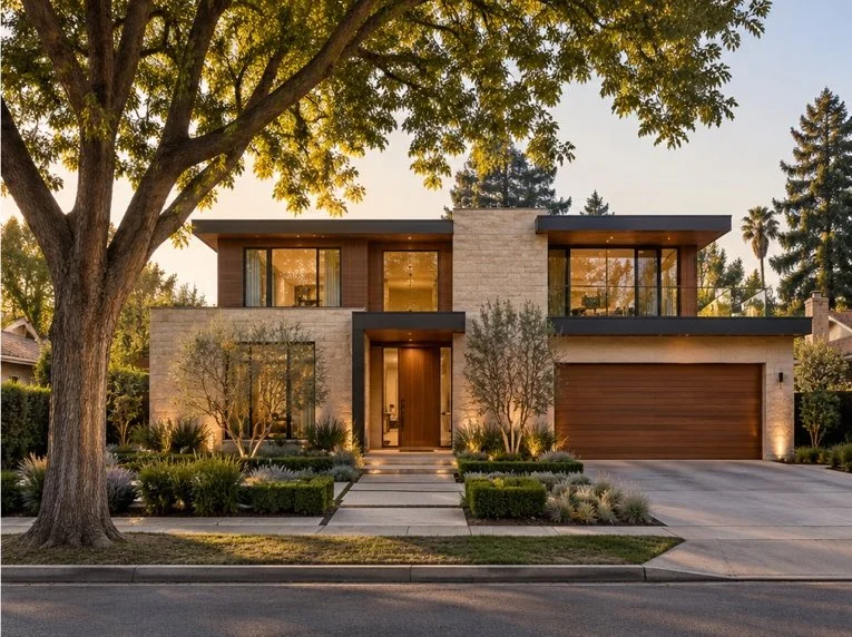 Modern two-story house with large windows, a front yard with manicured bushes and trees, and a double garage, illuminated at dusk.