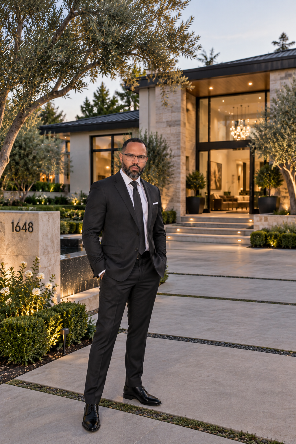 A man in a black suit, white shirt, and black tie standing on a driveway outside a modern house during early evening. The house has large glass windows, a chandelier visible inside, and landscaped garden with trees and flowers lighting up the area.