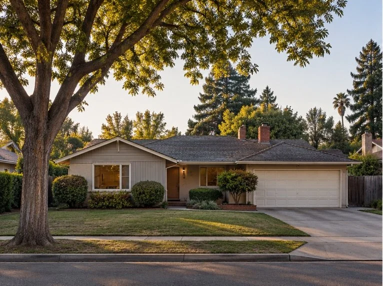 Single-story house with a front yard, large tree, and a two-car garage in a suburban neighborhood.