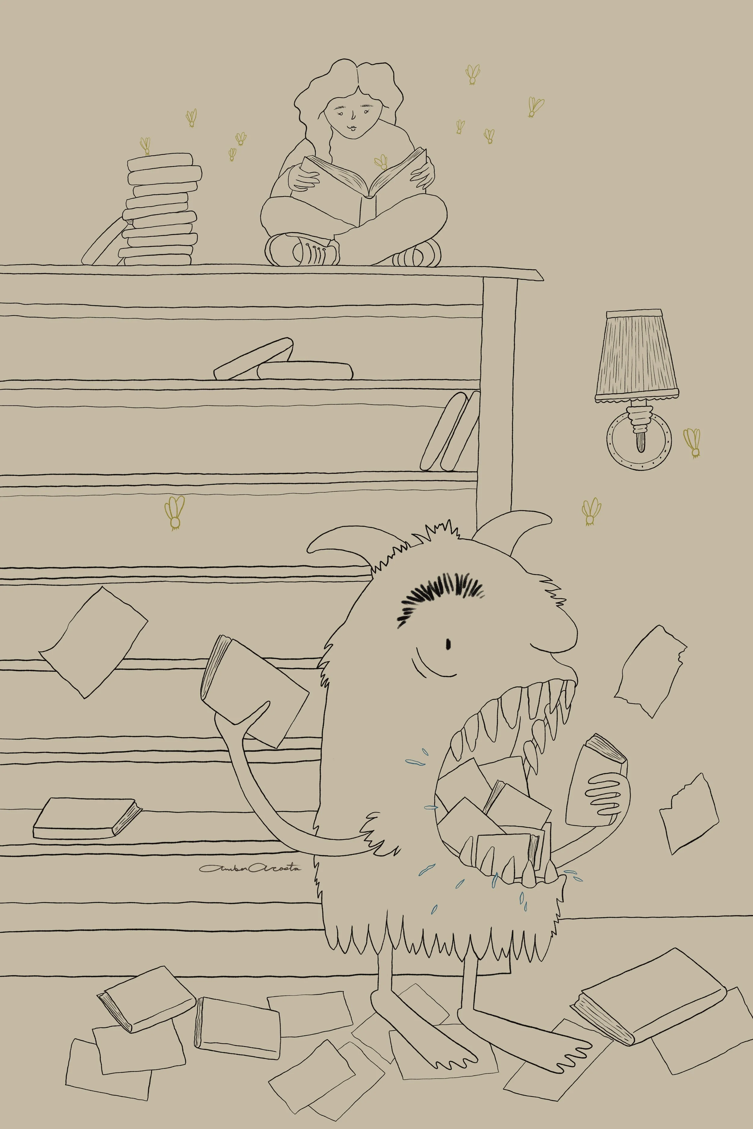 Line drawing of a girl sits on top of a book shelf peacefully reading her books with fireflies lighting her pages. The book eating monster eats all the books below. The bookshelf is empty, books are on the floor and papers fly in the air.