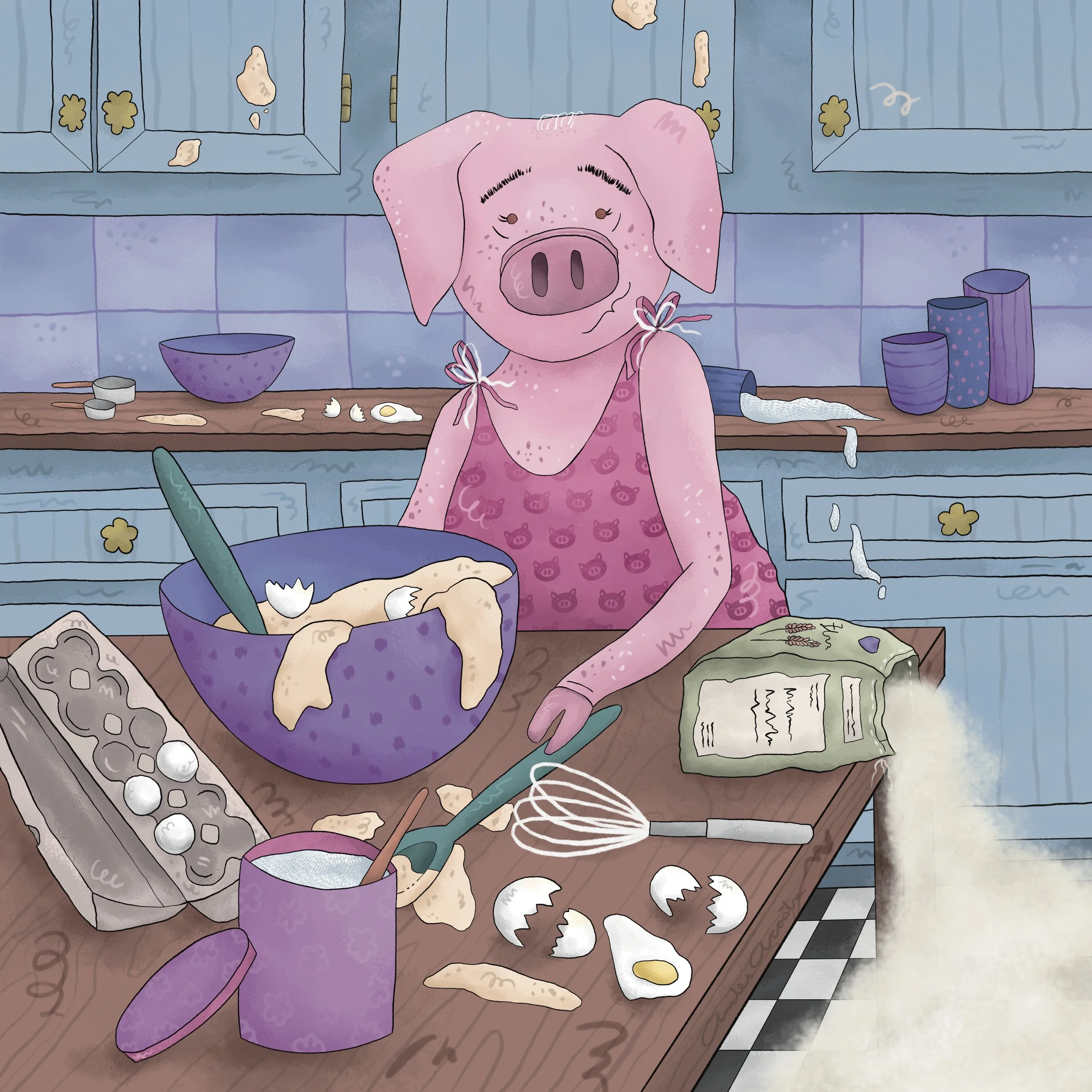 Maisy the pig looks very embarrassed after a baking disaster, with flour spilled everywhere and broken eggshells on the counter and in the mixing bowl. Illustration by Amber Acosta.