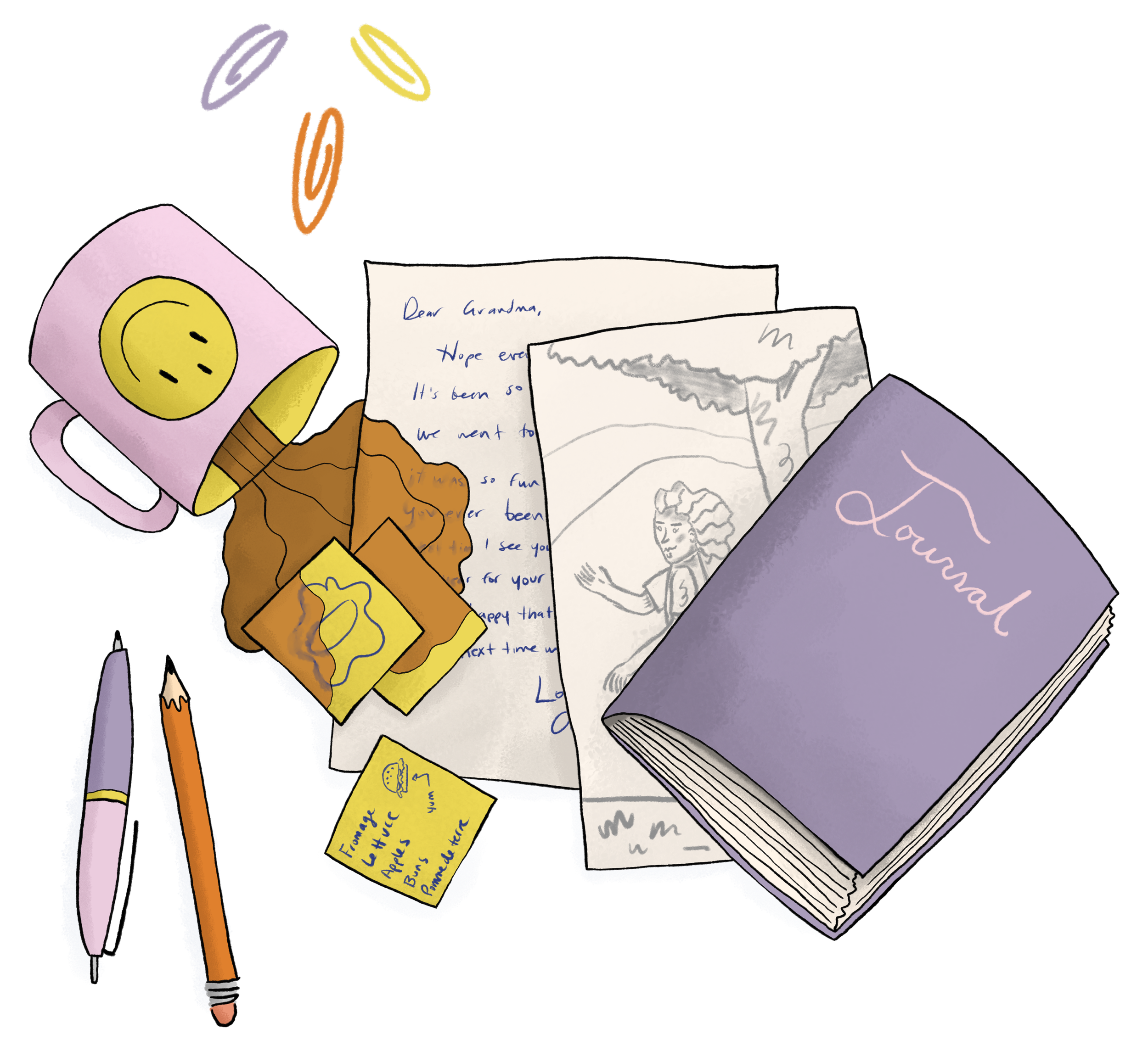 A creative jumble of a journal, a letter to Grandma, a sketch, and sticky notes with a doodle and a grocery list, as a spilled mug of coffee soaks the papers, with a pen, a pencil and three paper clips scattered about. Illustration by Amber Acosta.