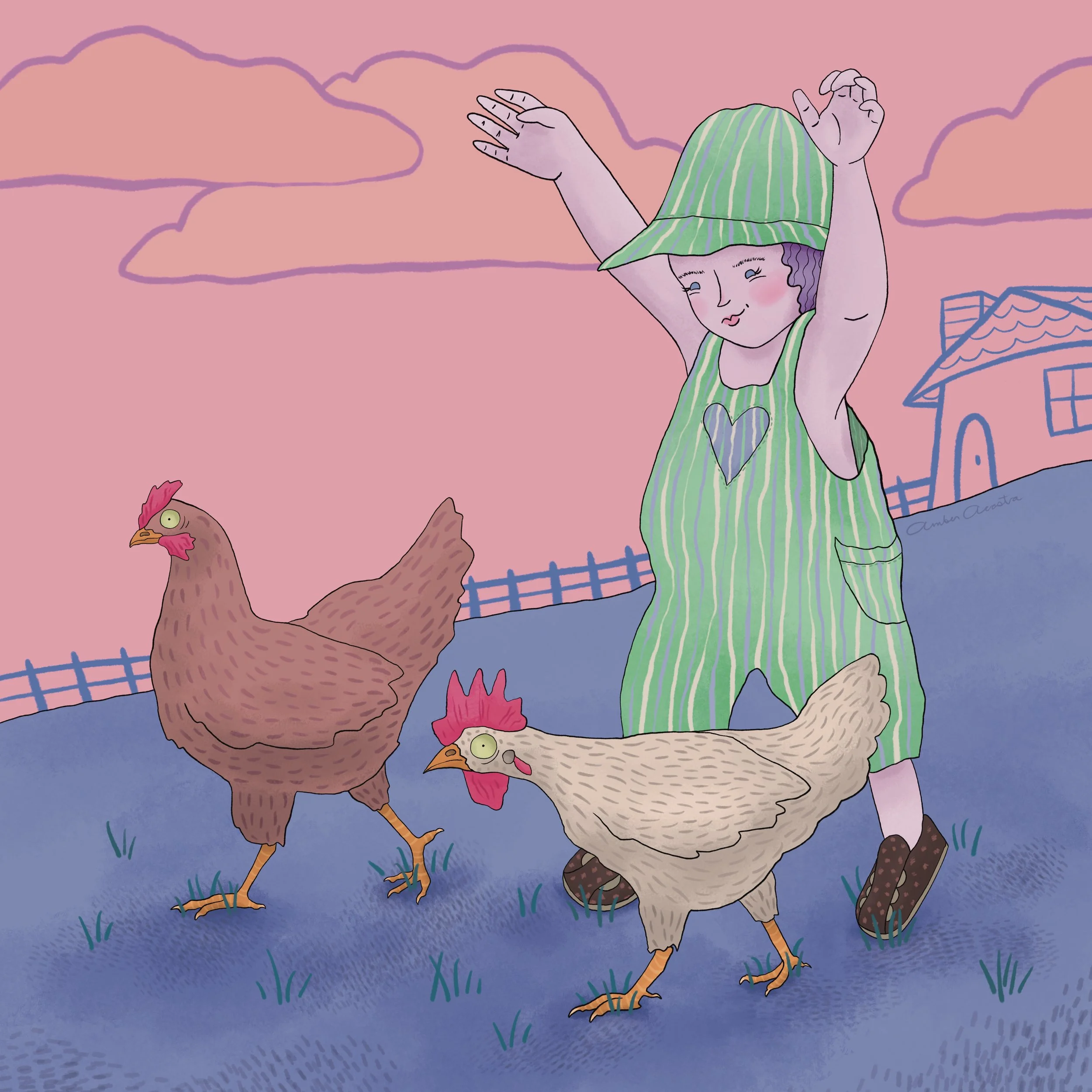 A little girl chases two chickens through a grassy field, with a little farmhouse and a fence in the background. Illustration by Amber Acosta.