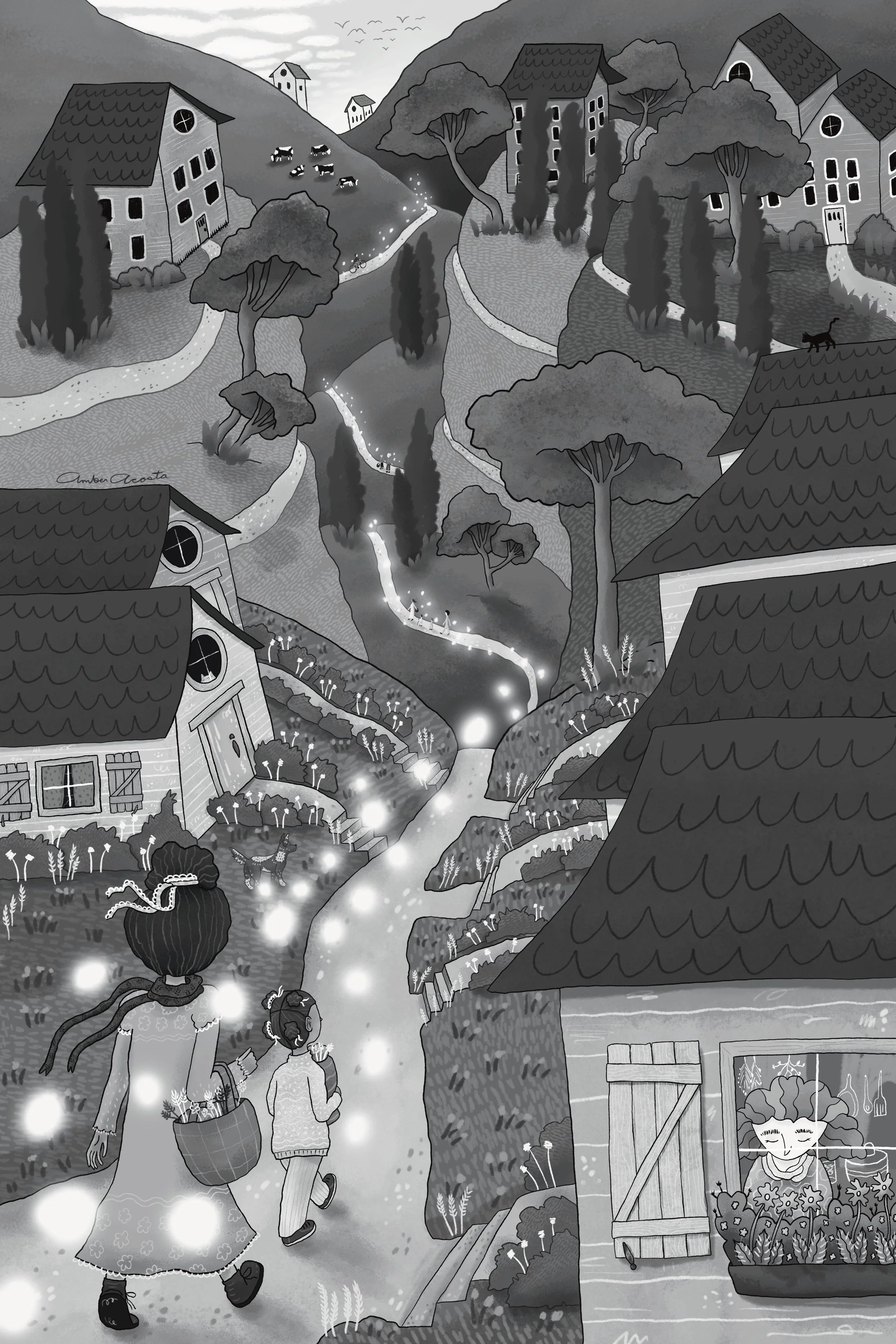 Black and white illustration of a woman and child follow glowing lights through a village and into the rolling hills of the countryside. There are others following as well. A dog, cat and cows watch as they pass.