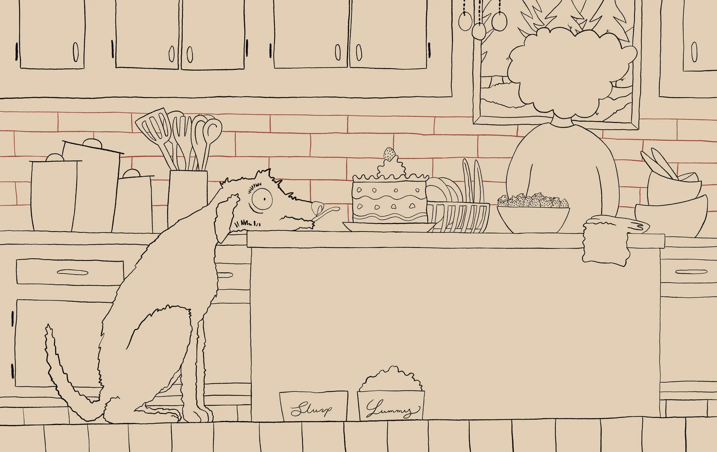 Line drawing of a woman washes dishes at the sink while her freshly baked cake sits on the kitchen island behind her, and her dog rests his head on the table, hoping for a sneaky nibble. Illustration by Amber Acosta.