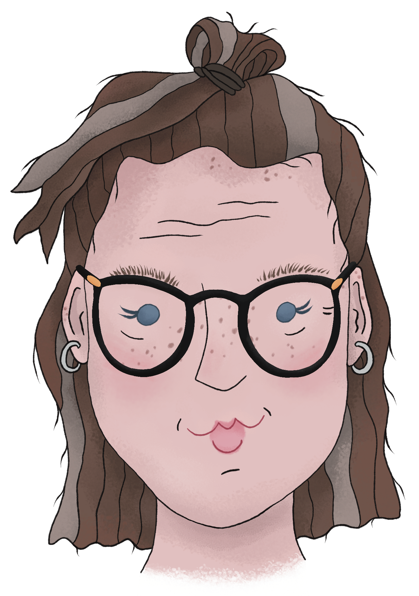 Illustrated self-portrait of Amber Acosta with brown hair worn half up, black glasses, blue eyes, silver earrings and a little smirk of a smile.