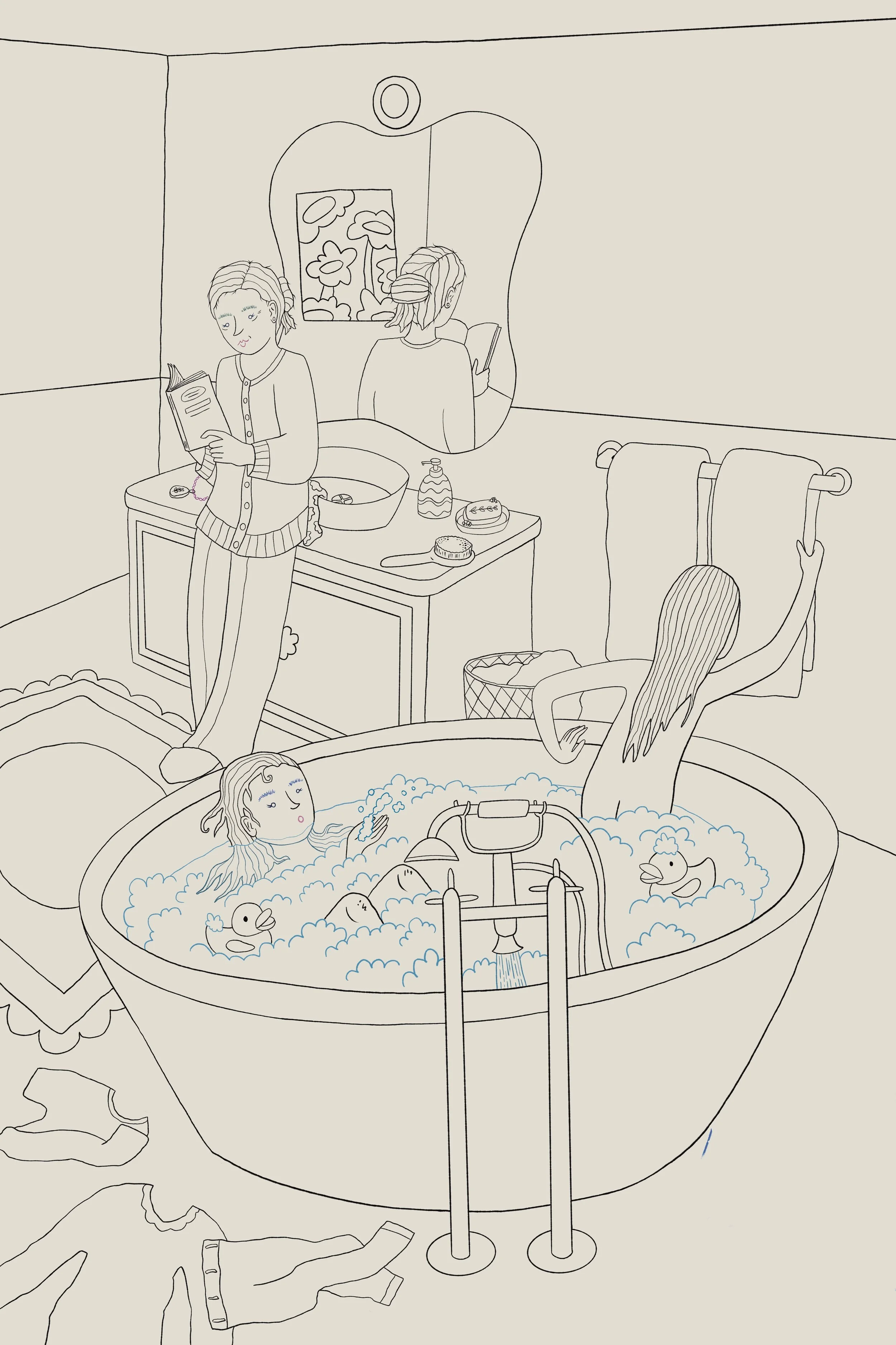 Line Drawing of a bathroom scene. Mom is reading at the bathroom sink, while two sisters are taking a bubble bath. There are clothing on the floor, two rubber ducks in the bathtub, and hair ties, pins and a hair brush around the sink.