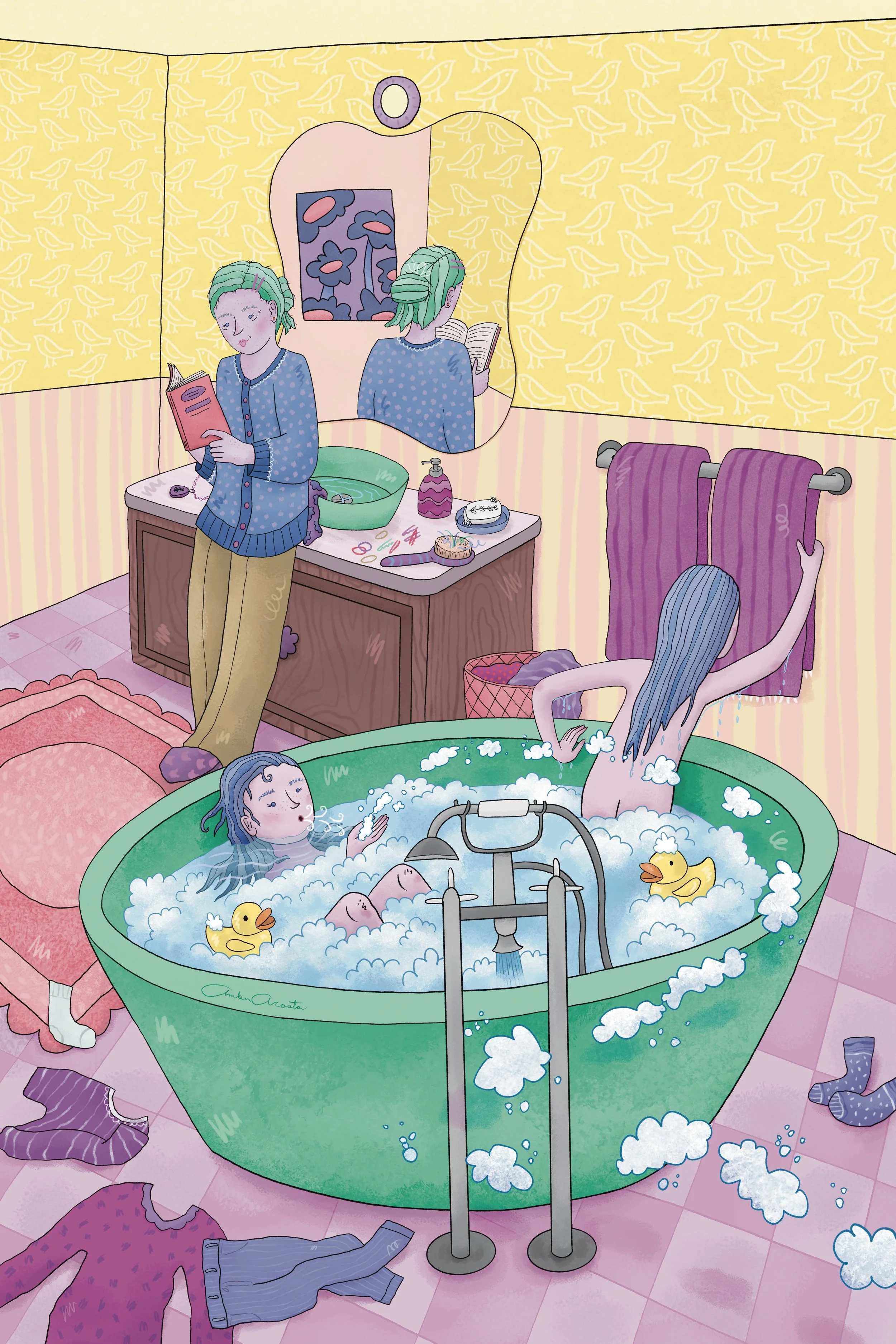 A bathroom scene. Mom is reading at the bathroom sink, while two sisters are taking a bubble bath. There are clothing on the floor, two rubber ducks in the bathtub, and hair ties, pins and a hair brush around the sink.
