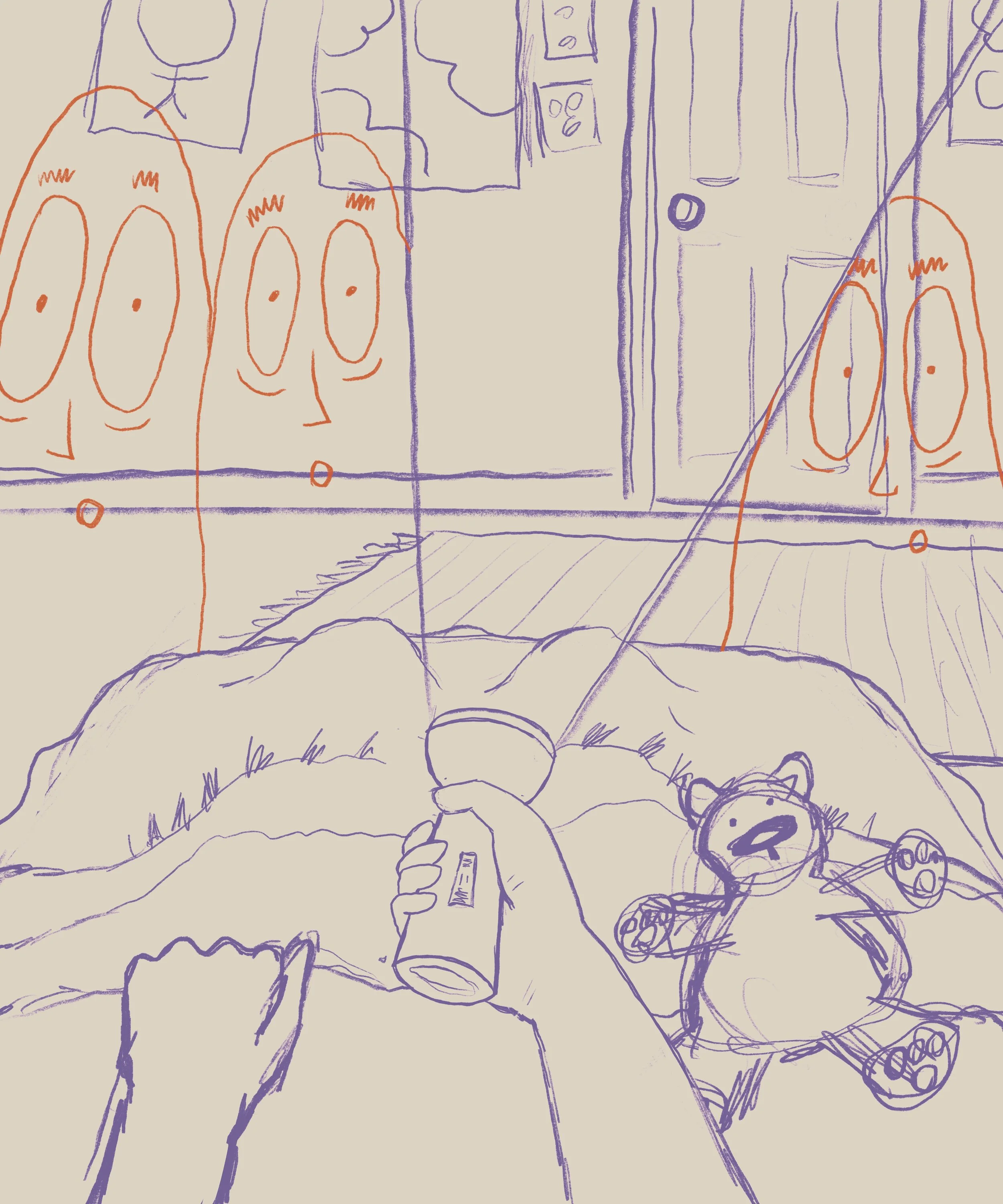 One hand grips the bedsheets while the other holds a flashlight. Where the beam falls, the bedroom glows in colour, while everything else stays black and white and three unseen ghosts lurk around the bed. Sketch by Amber Acosta.