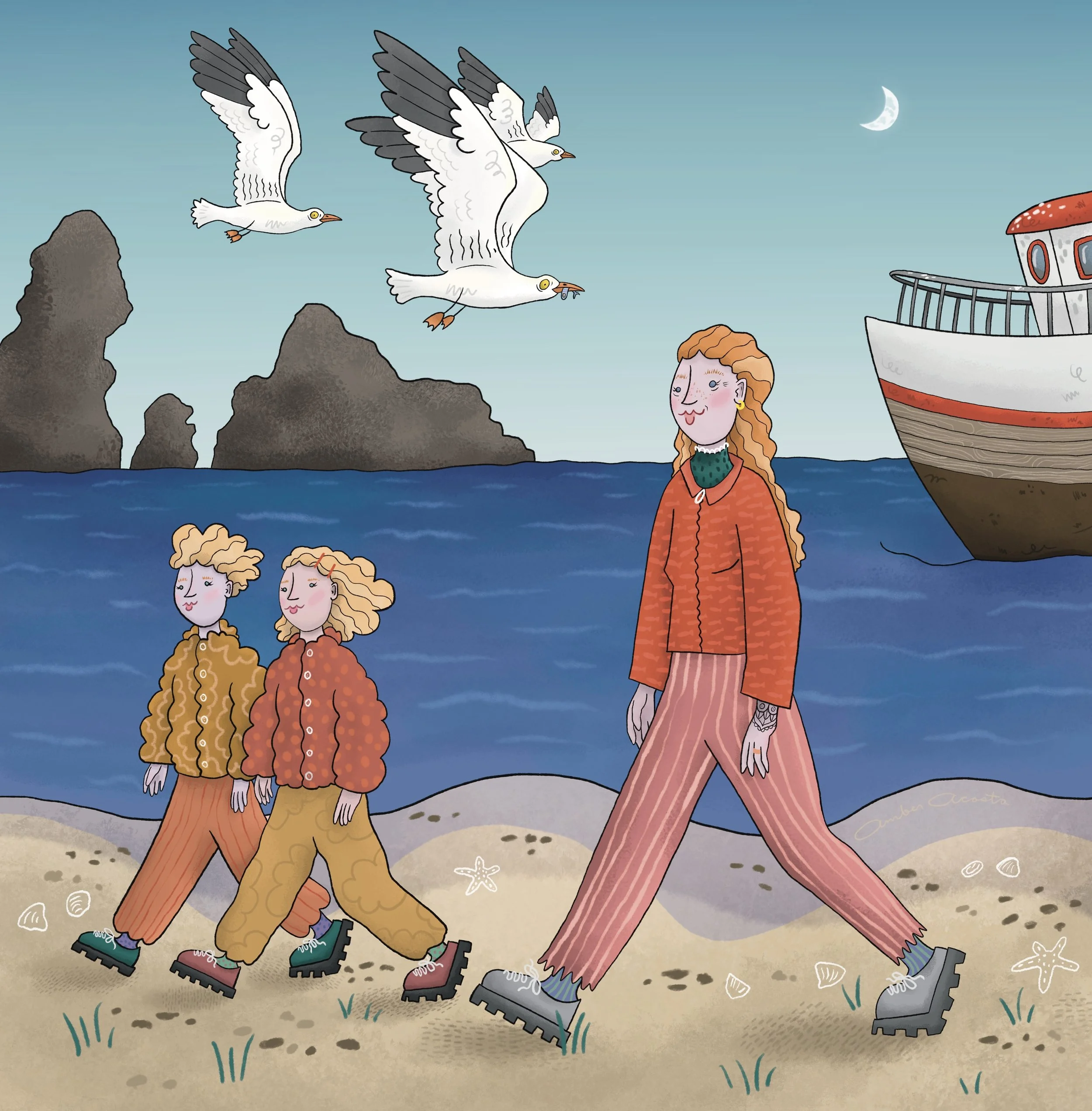 Milly walks along the seaside with her twins, a boy and a girl, as three seagulls fly overhead. Three little rocky islands and a boat sit out on the water, shells and wisps of grass line the shore, and a crescent moon shines in the middle of the day.