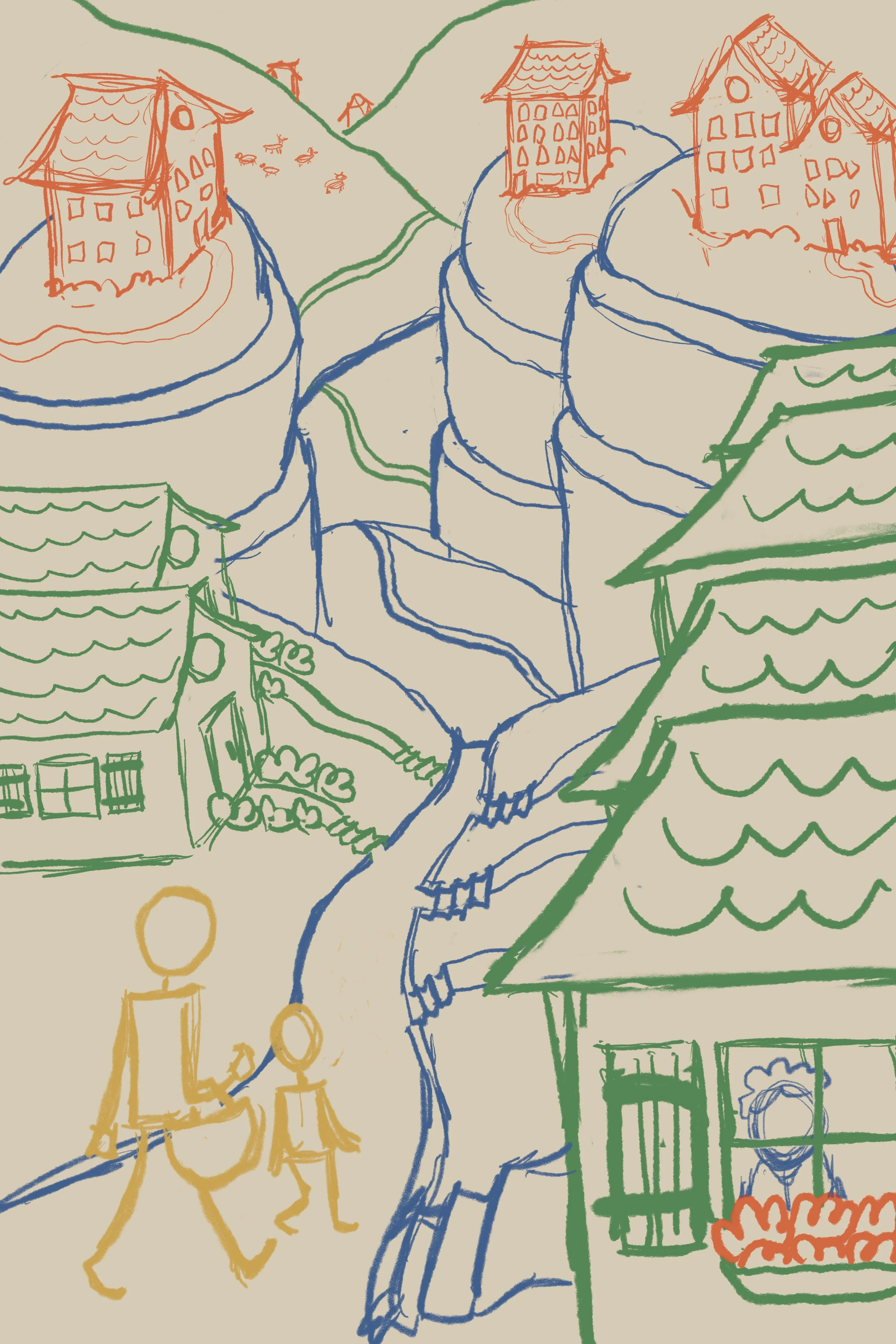 Sketch of a woman and child walking through a village and into the rolling hills of the countryside.