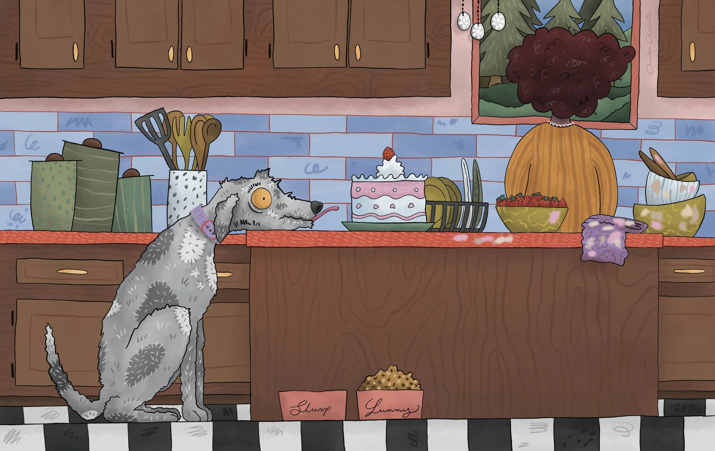 A woman washes dishes at the sink while her freshly baked cake sits on the kitchen island behind her, and her dog rests his head on the table, hoping for a sneaky nibble. Illustration by Amber Acosta.