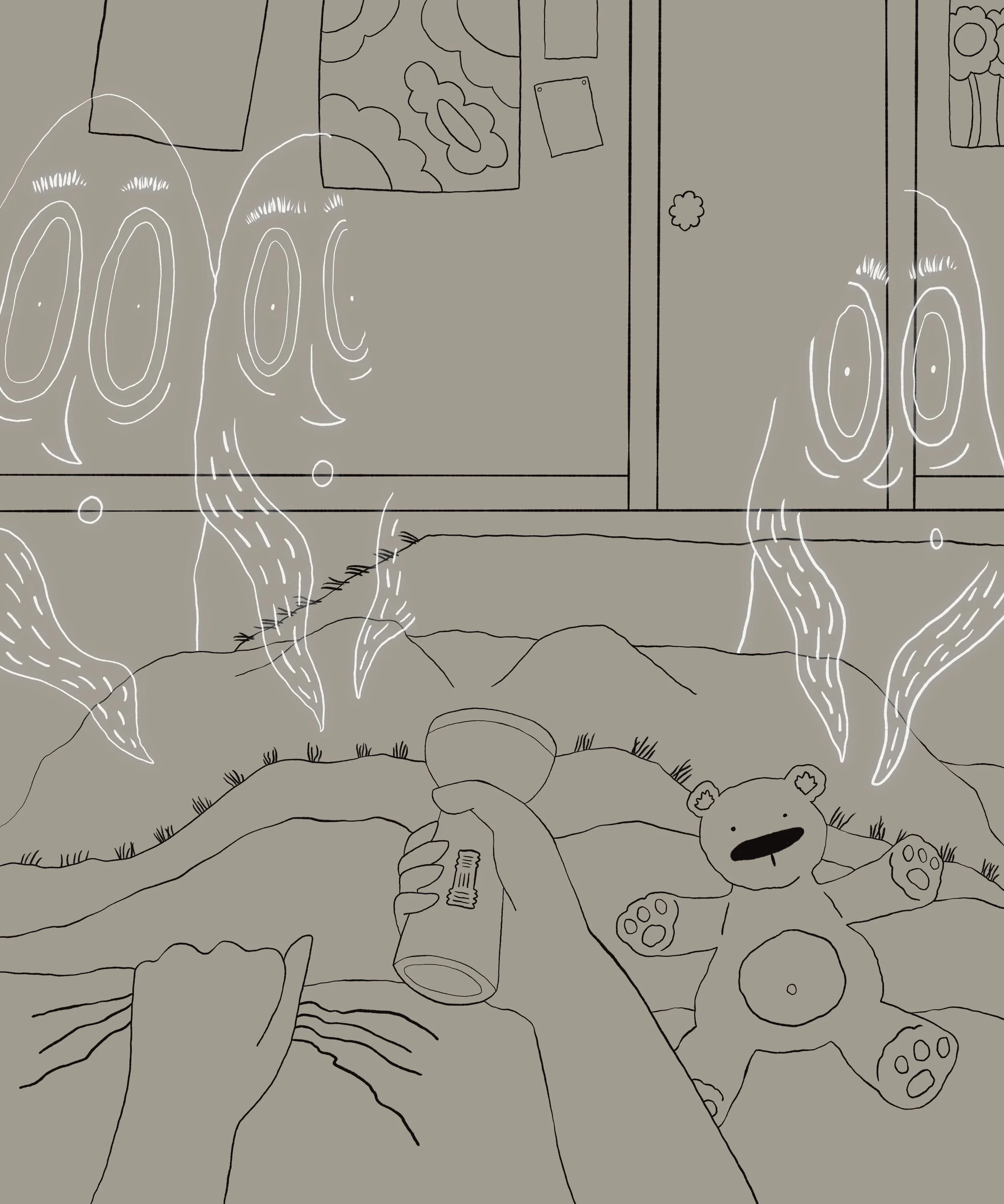 One hand grips the bedsheets while the other holds a flashlight. Where the beam falls, the bedroom glows in colour, while everything else stays black and white and three unseen ghosts lurk around the bed. Line drawing by Amber Acosta.