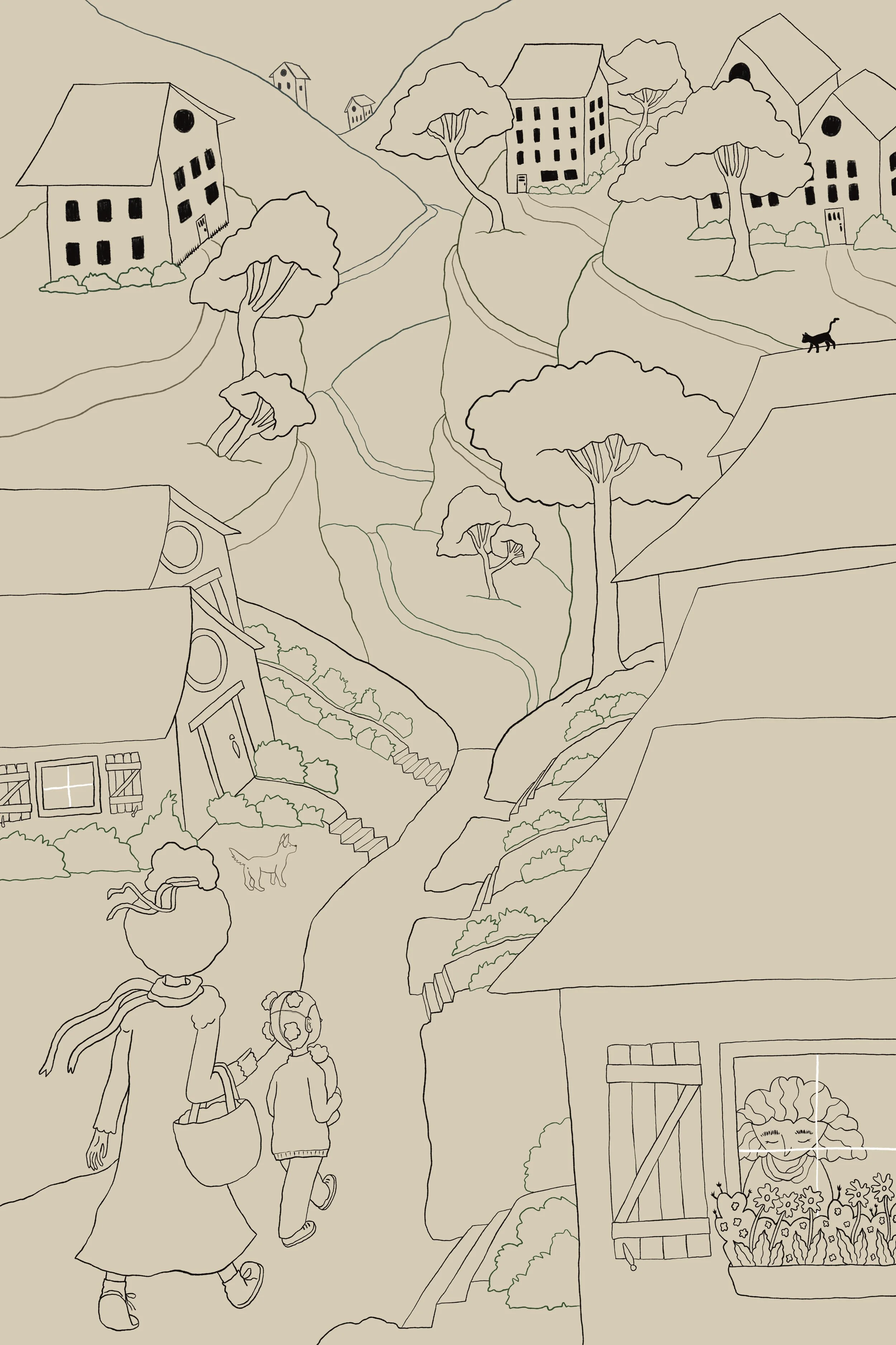 Sketch of a woman and child walking through a village and into the rolling hills of the countryside.