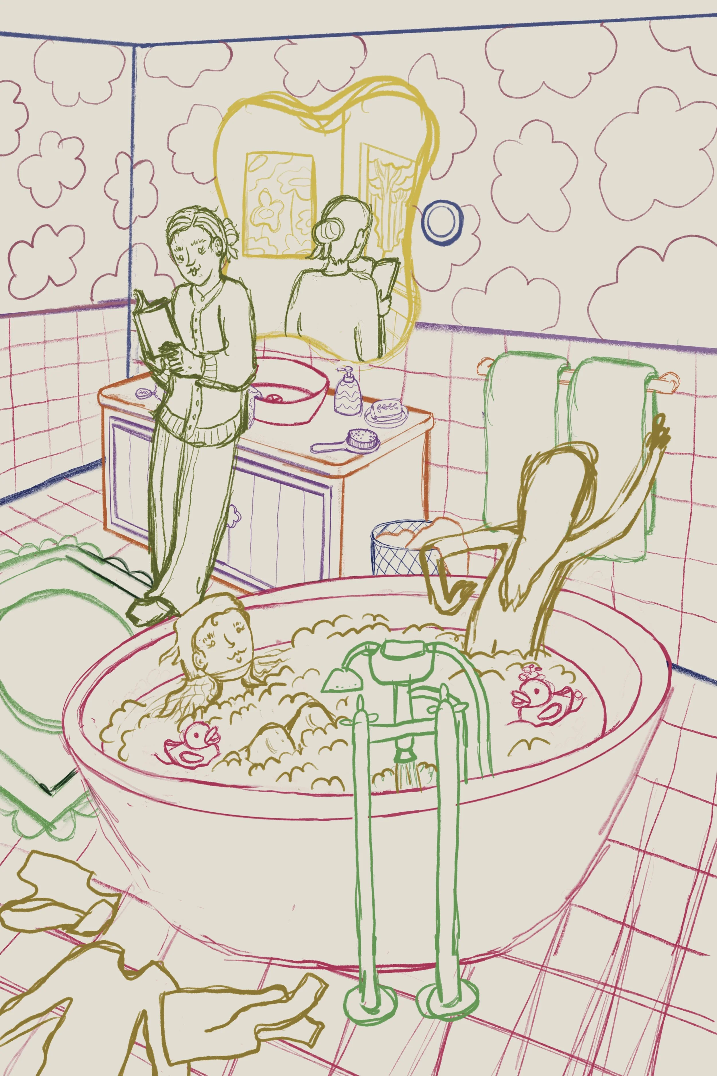 Sketch of a bathroom scene. Mom is reading at the bathroom sink, while two sisters are taking a bubble bath. There are clothing on the floor, two rubber ducks in the bathtub, and hair ties, pins and a hair brush around the sink.