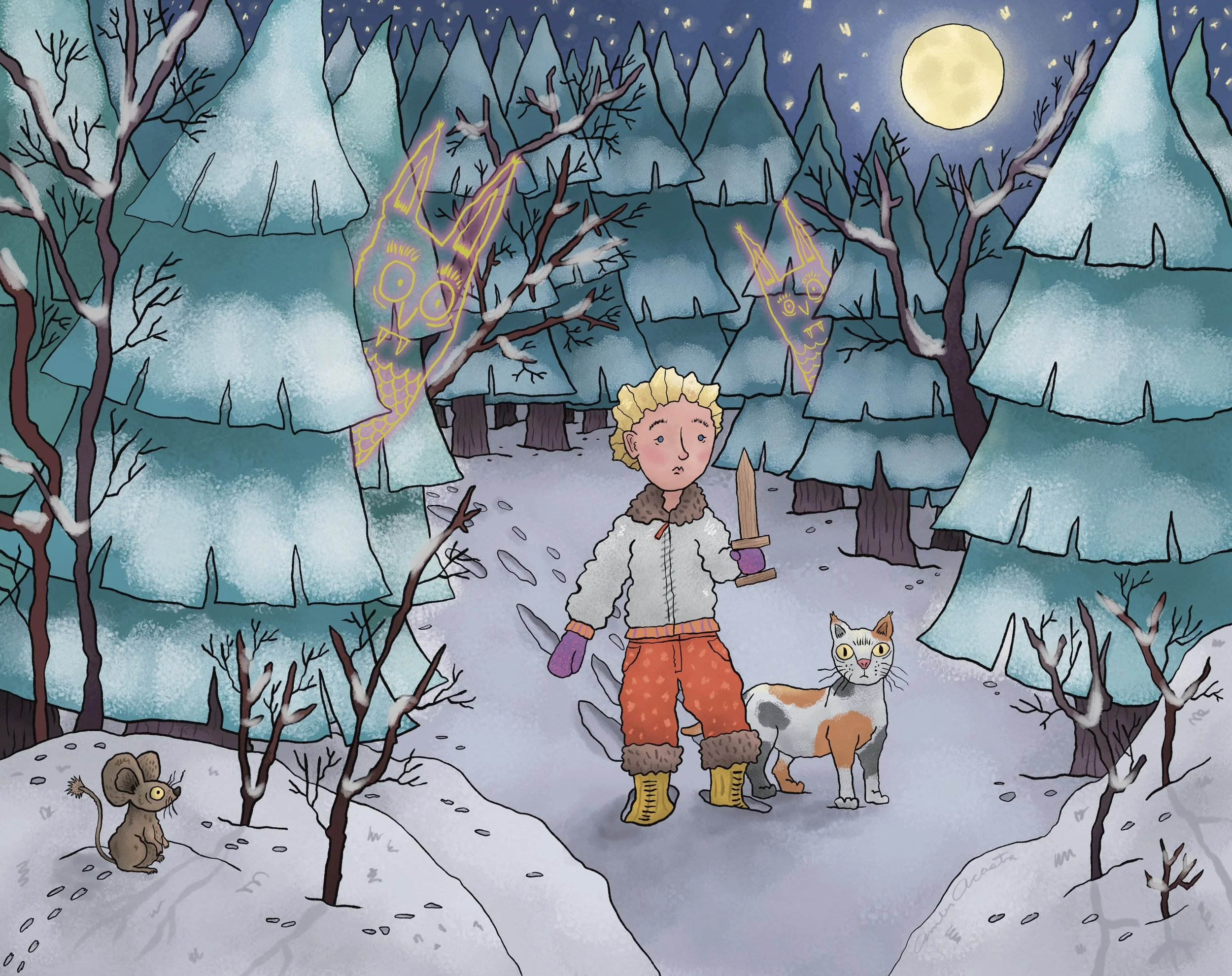 Max holds a sword, ready for battle, beside Myrtle the cat in a dark winter forest lit by moonlight, as the forest spirits awaken and watch from the trees. Illustration by Amber Acosta.