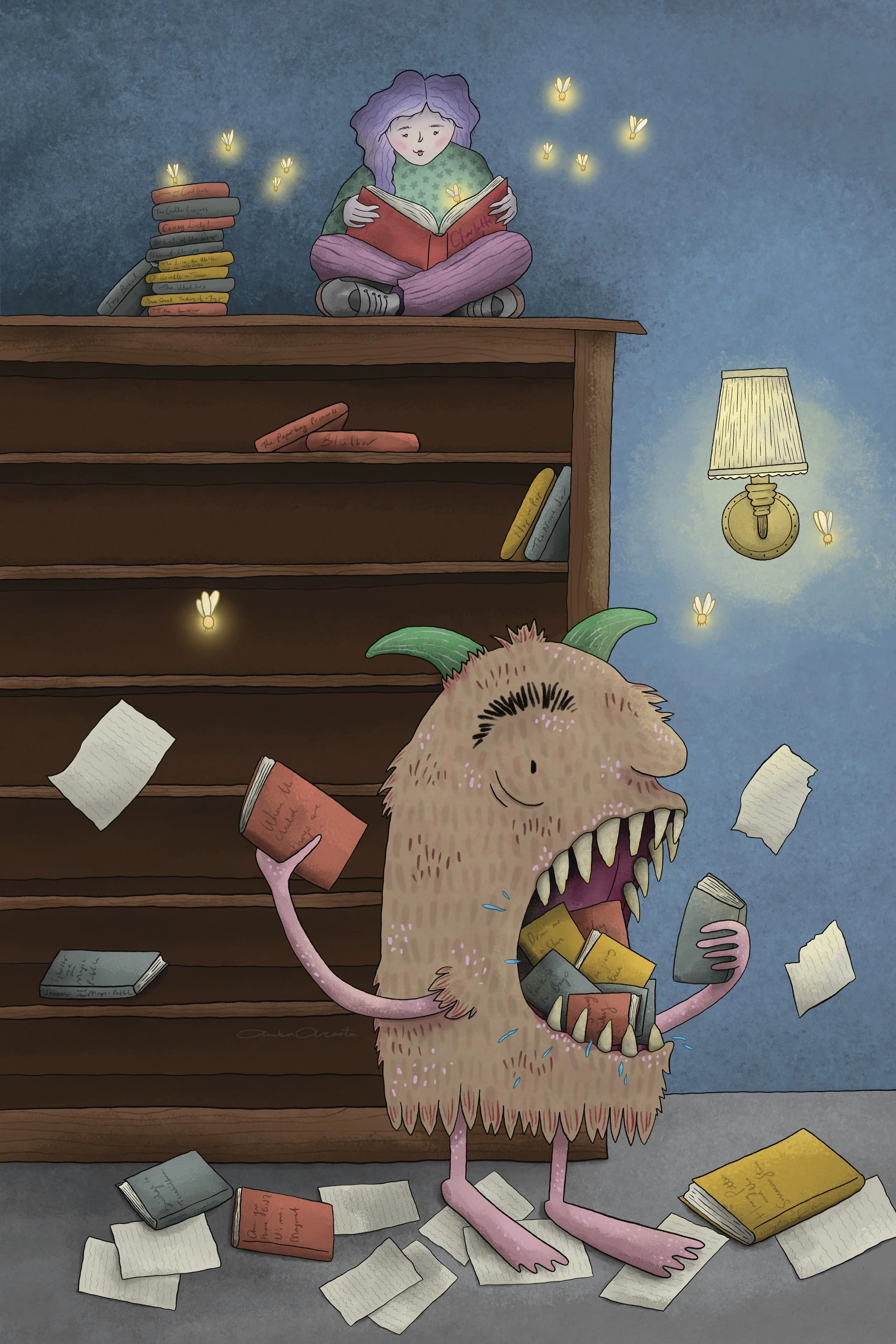 A girl sits on top of a book shelf peacefully reading her books with fireflies lighting her pages. The book eating monster eats all the books below. The bookshelf is empty, books are on the floor and papers fly in the air.