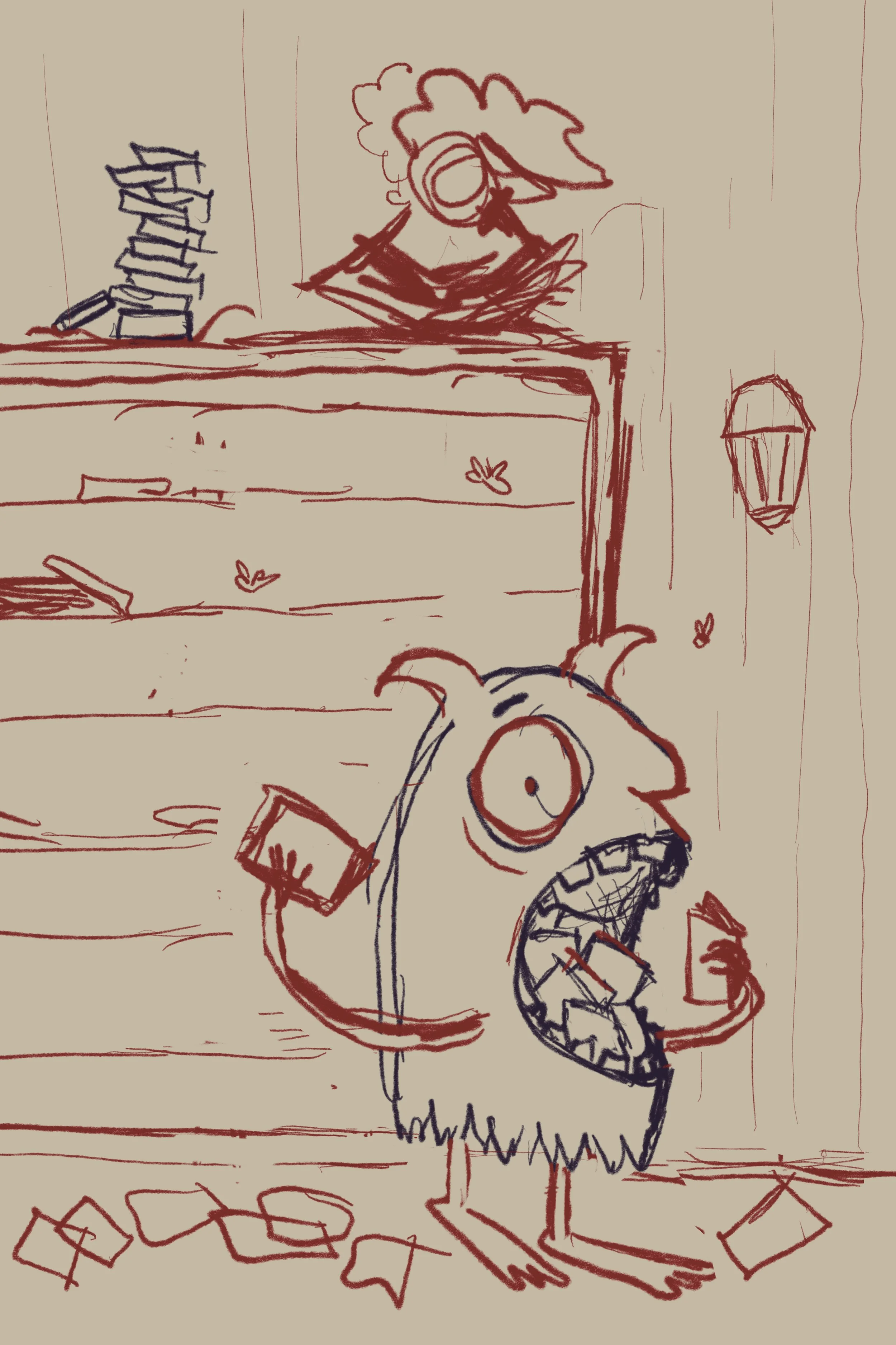 Rough sketch of a girl sits on top of a book shelf peacefully reading her books with fireflies lighting her pages. The book eating monster eats all the books below. The bookshelf is empty, books are on the floor and papers fly in the air.