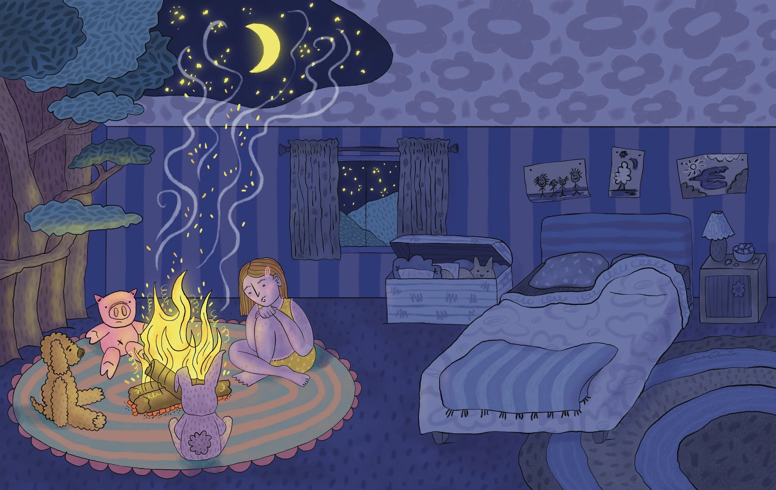 Part of Olive's bedroom has turned into a forest, where plush toys have come to life around a campfire, and smoke drifts up through a big hole in the ceiling toward the moon and stars. Illustration by Amber Acosta.