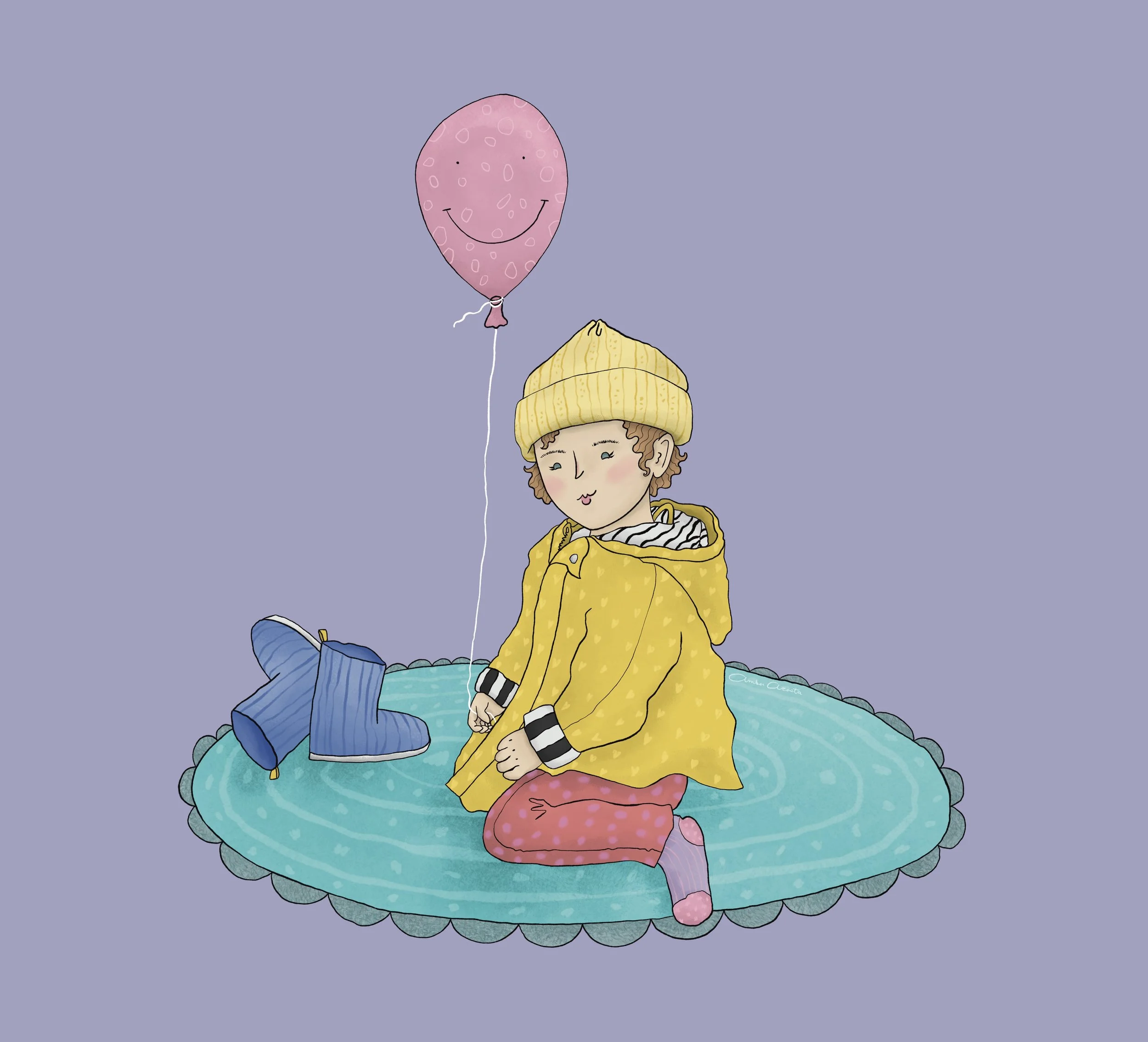 A spot illustration of a little girl in a raincoat sitting on a rug, holding a balloon with a big smile, her rain boots off beside her. Illustration by Amber Acosta.