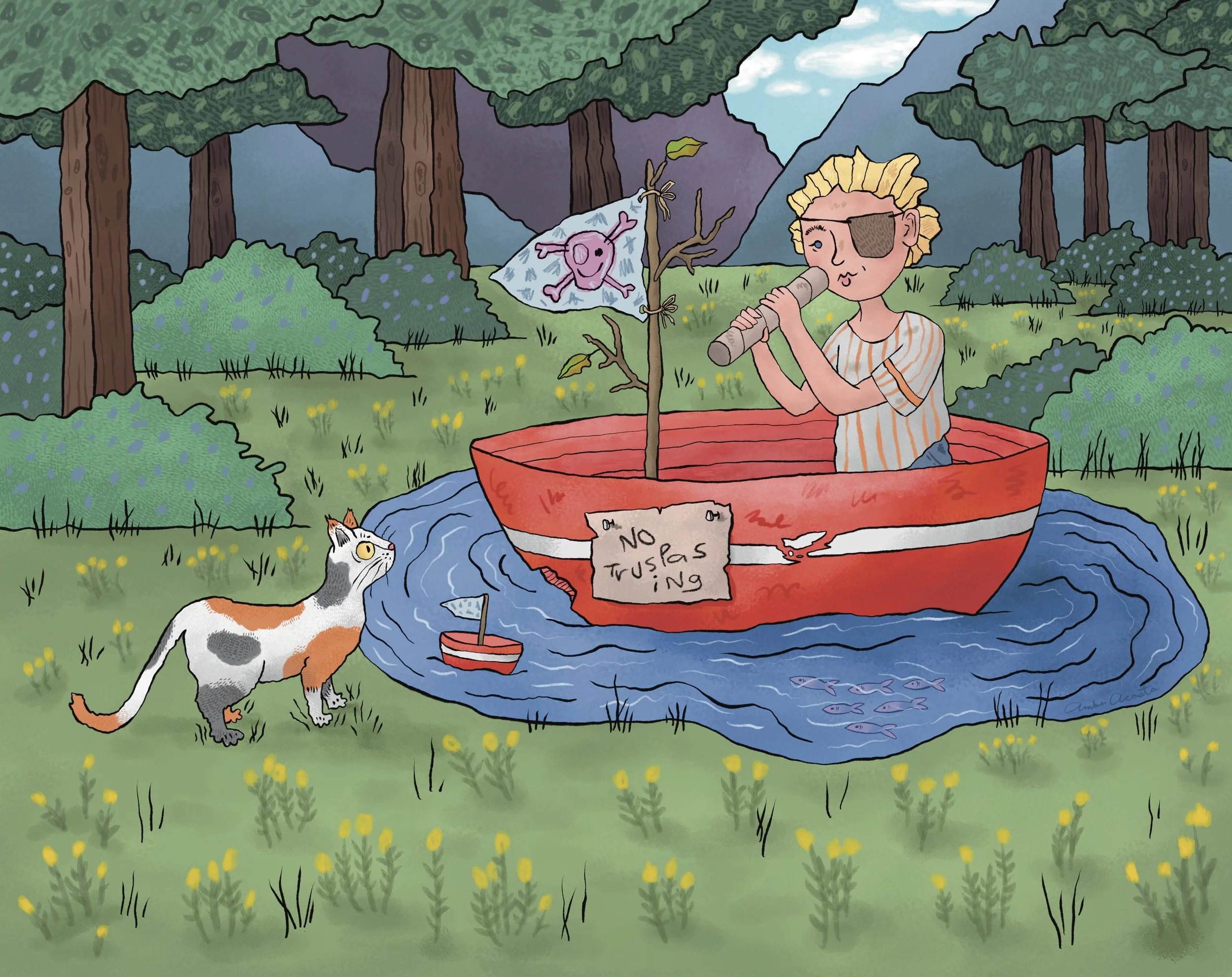 Max floats in a little boat on a puddle that has become his ocean, with imaginary fish swimming all around, as Myrtle the cat comes to meet him for the first time in a flower-filled meadow with trees and mountains beyond. Illustration by Amber Acosta