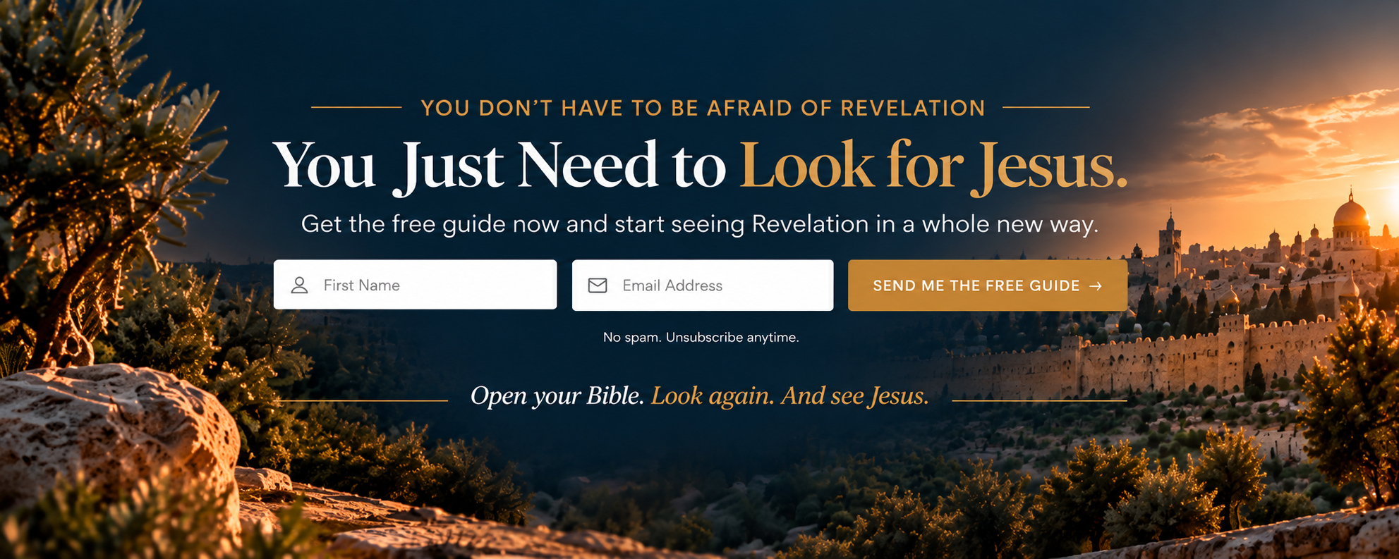 A website landing page with an outdoor scene of a sunset over a city with historic architecture, including domed roofs and stone walls, surrounded by trees and rocky terrain. The text encourages looking for Jesus and offers a free guide with a form for name and email.