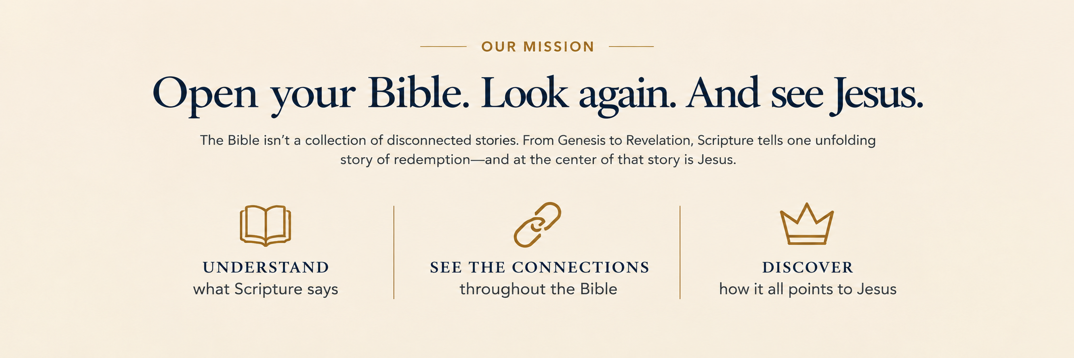 A website page with the headline "Open your Bible. Look again. And see Jesus." and the subheading "The Bible isn’t a collection of disconnected stories. From Genesis to Revelation, Scripture tells one unfolding story of redemption—and at the center of that story is Jesus." Below are three icons with text: a book icon with "Understand what Scripture says," a chain link icon with "See the connections throughout the Bible," and a crown icon with "Discover how it all points to Jesus."