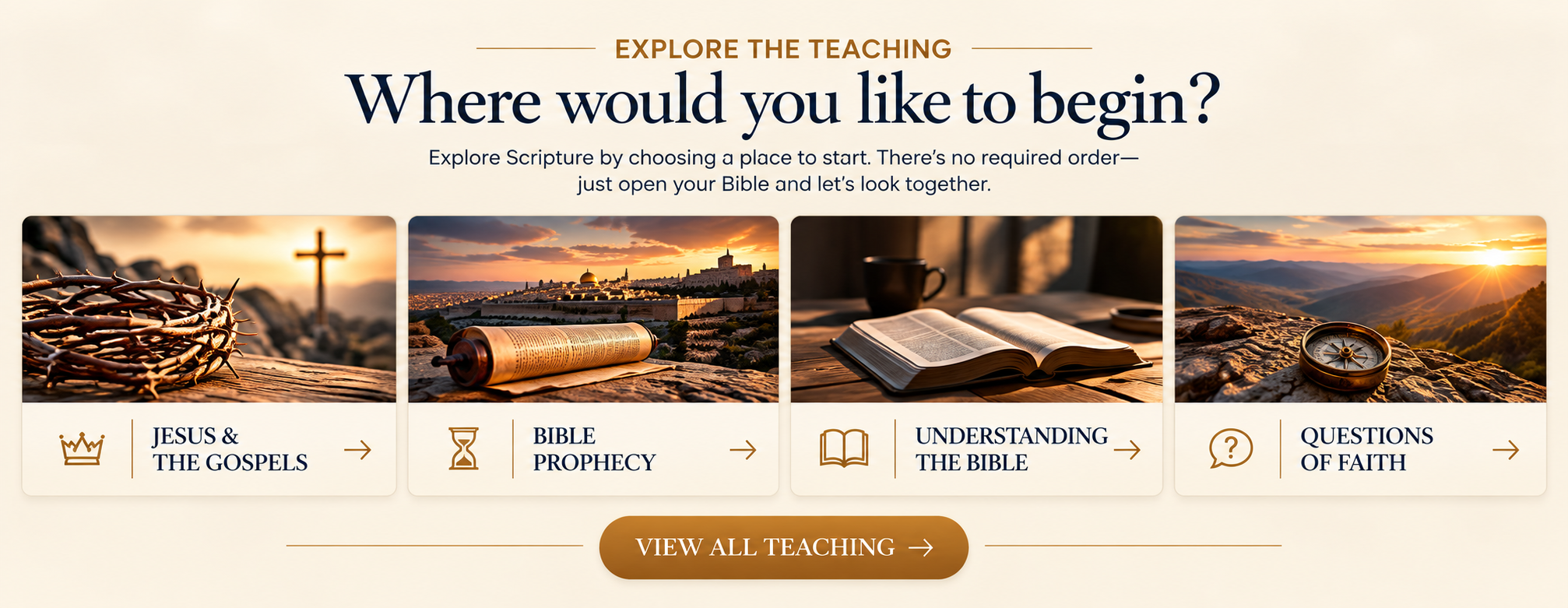Web page header with the text 'Explore the Teaching' and a question 'Where would you like to begin?' followed by four options: 'Jesus & The Gospels' with an icon of a crown, 'Bible Prophecy' with an hourglass icon, 'Understanding The Bible' with a book icon, and 'Questions Of Faith' with a question mark icon. Below the options is a button labeled 'View All Teaching'.