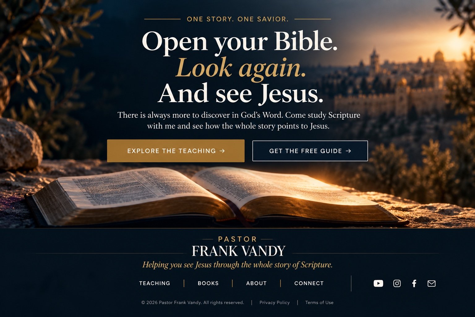 Open Bible on a rocky surface with a scenic sunset background, promoting Bible study and Jesus reflection by Pastor Frank Vandy.