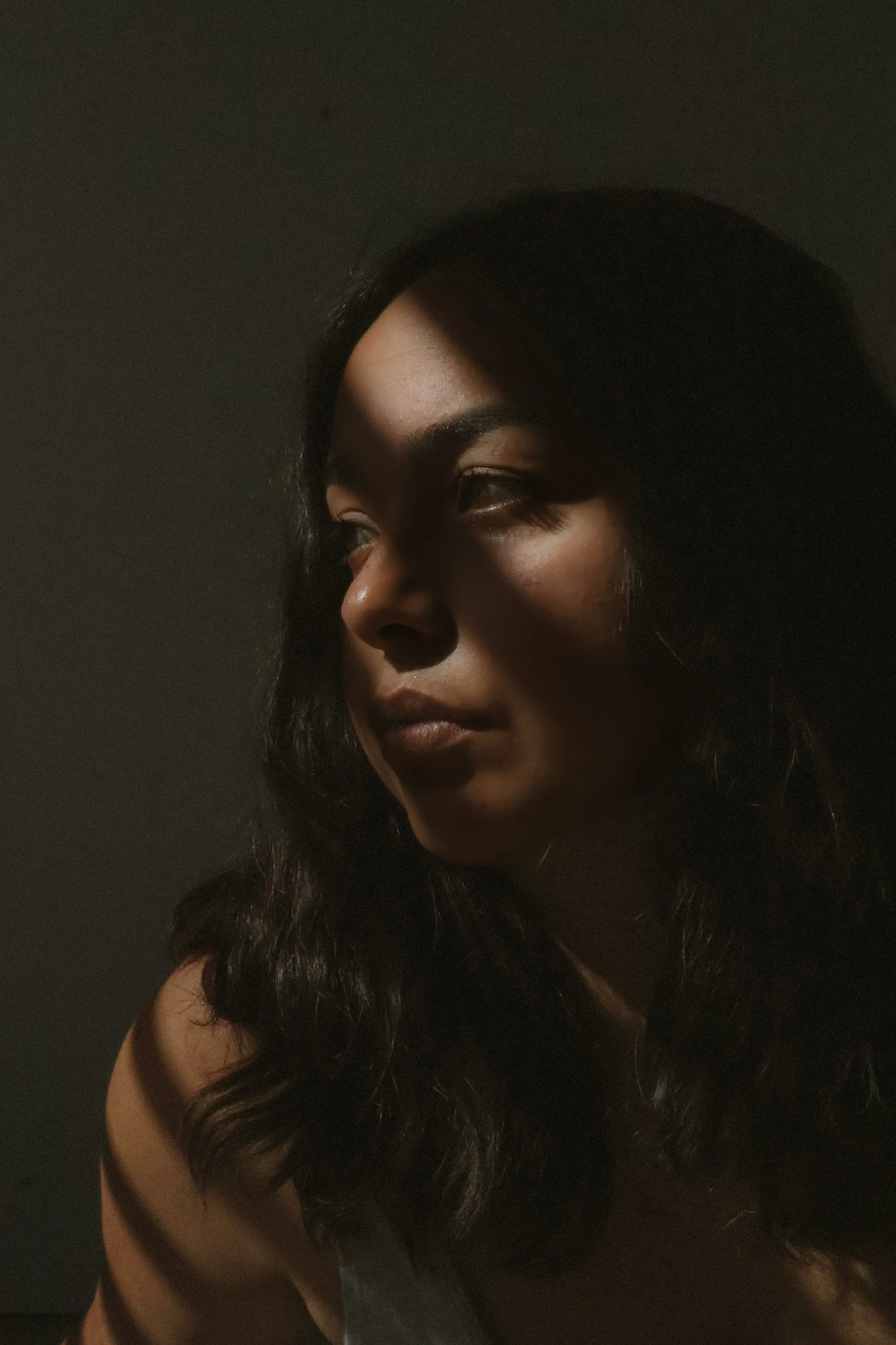 Moody editorial portrait of a woman with dark wavy hair in soft window light and shadow
