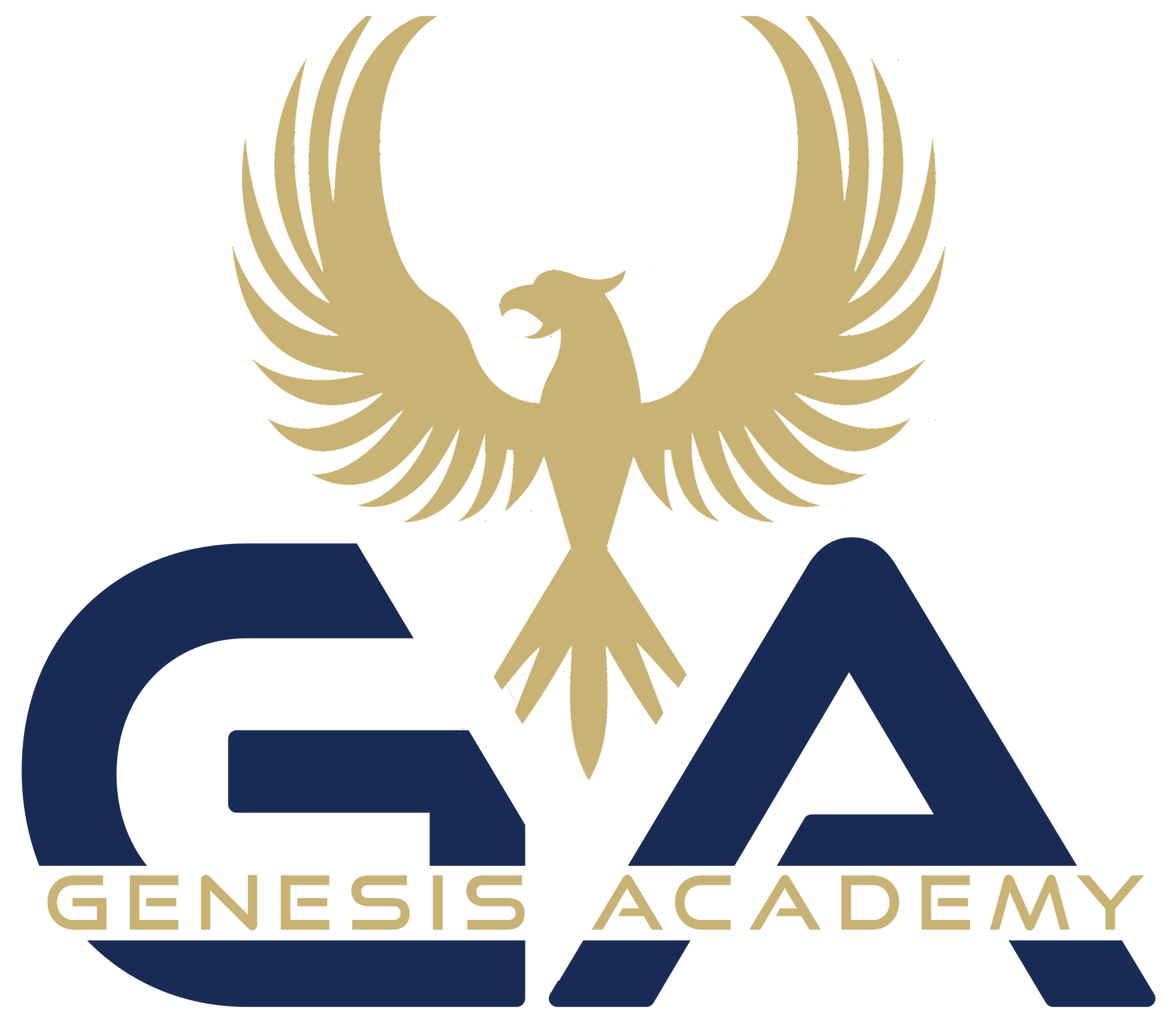 Gold and dark blue emblem with a stylized phoenix bird and the words "GENESIS ACADEMY" underneath.