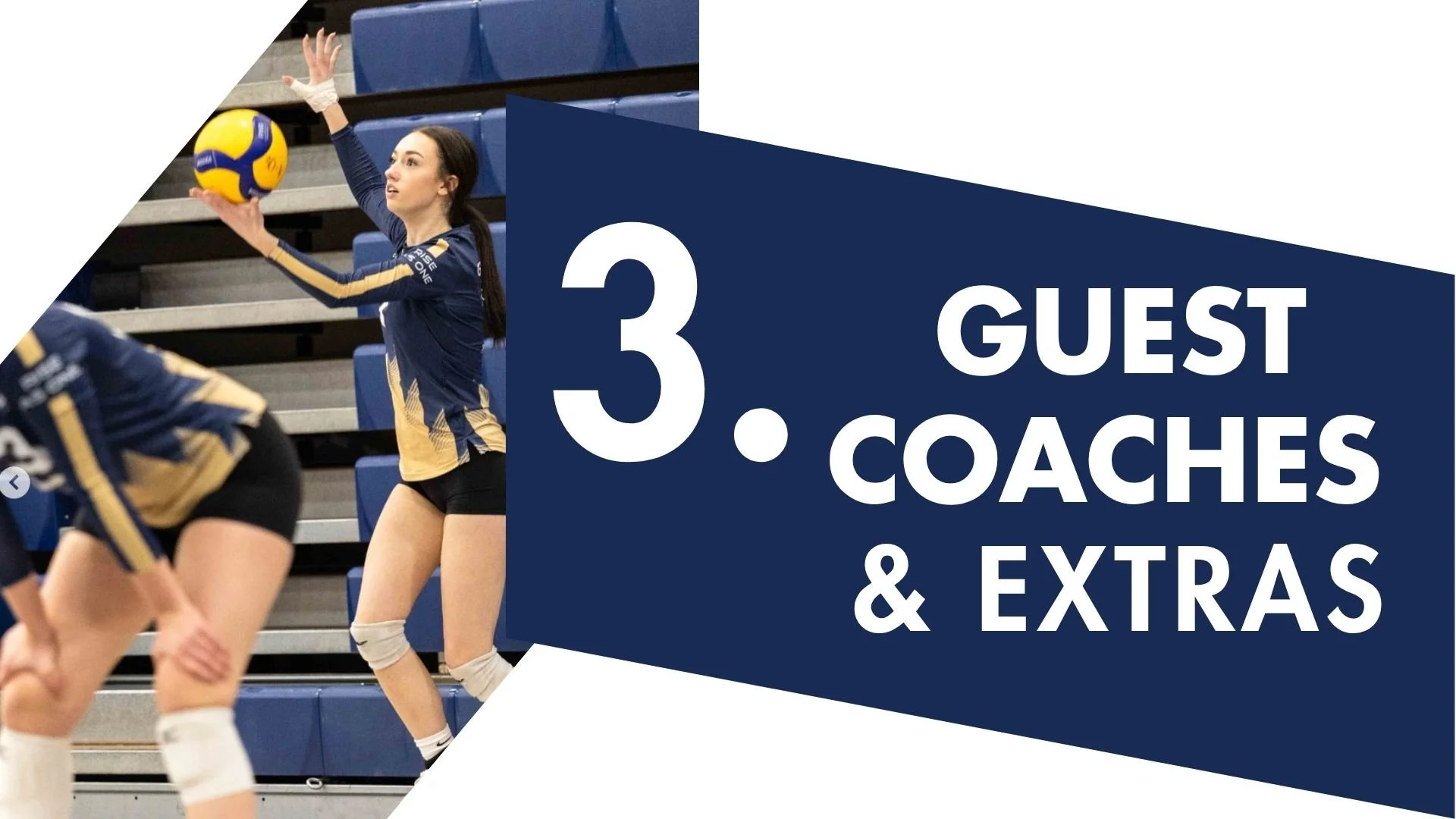 A volleyball player in a navy blue and gold uniform prepares to serve during a match in an indoor stadium with blue seats. The right side features a dark blue geometric overlay with white text that reads '3. Guest Coaches & Extras'.