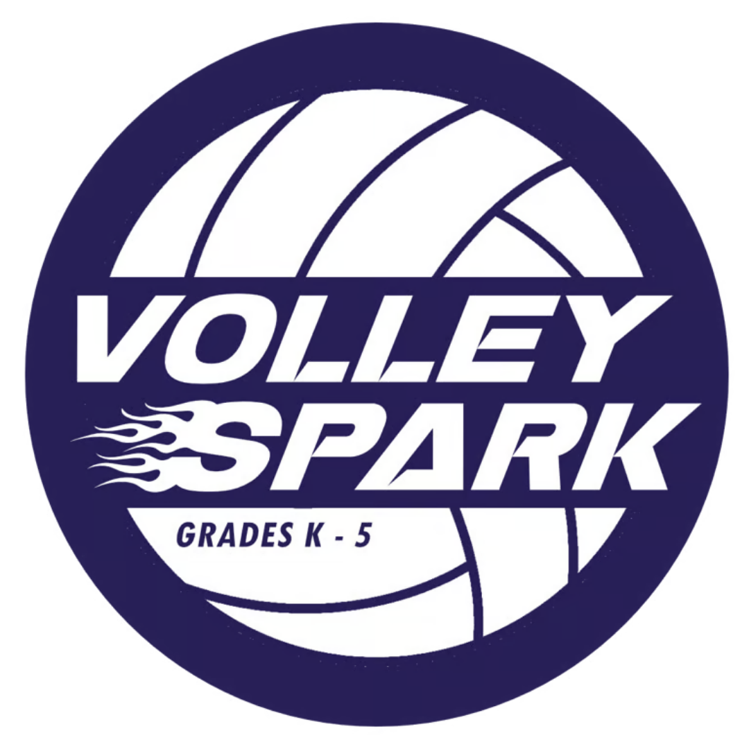 Logo for Volleyball Spark, includes a stylized volleyball with flames and text indicating grades K-5.