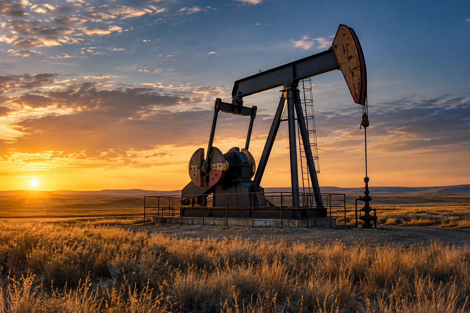 Oil pumpjack on open plains at sunset