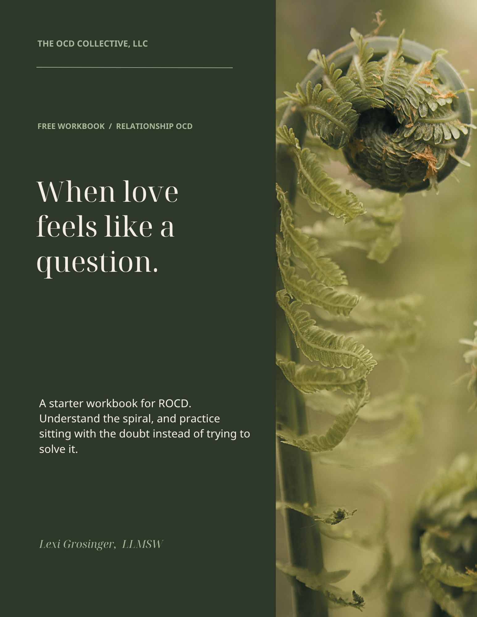 Book cover titled "When love feels like a question" with a close-up image of a spiral fern plant on the right side, and additional text about a workbook for OCD on the left side.