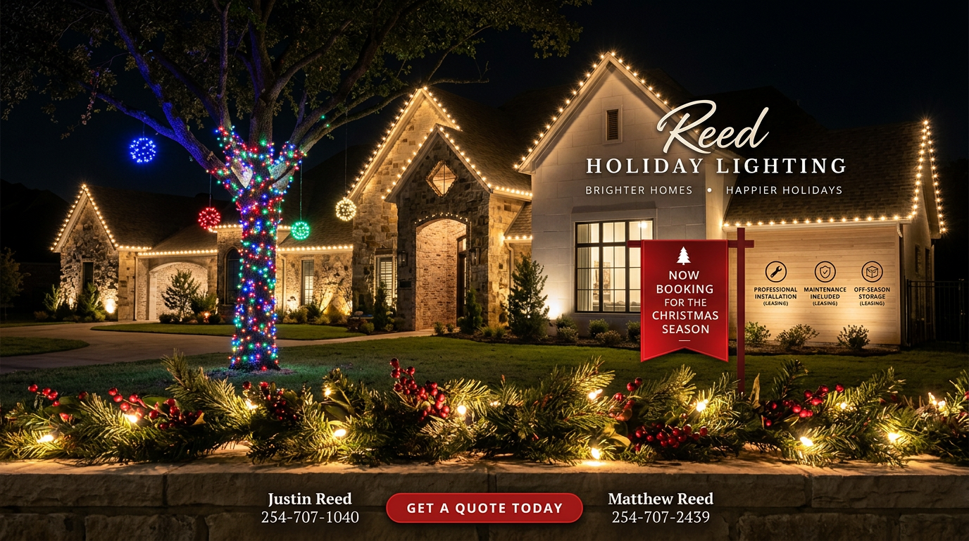 A house decorated with Christmas lights at night. A tree wrapped in multicolored lights and hanging ornaments, with a wreath along the front of the house. Sign advertising Reed Holiday Lighting and booking for the Christmas season, with contact information for Justin Reed and Matthew Reed.