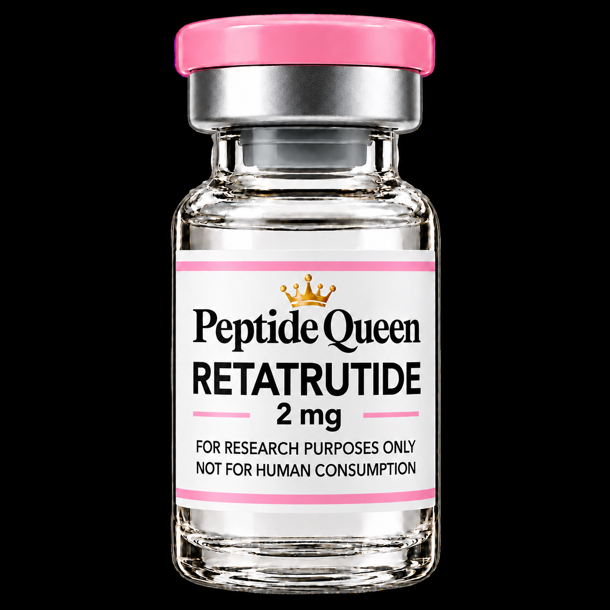 A small vial labeled Peptide Queen Retrutide 2 mg, with a pink and silver cap, designed for research purposes only, not for human consumption.
