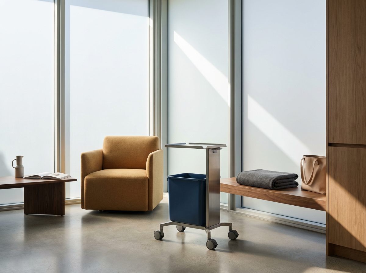 Empty modern hospital waiting room with yellow armchair, wooden table with mug and book, rolling cart, folded gray blanket, beige bag, and large frosted windows.