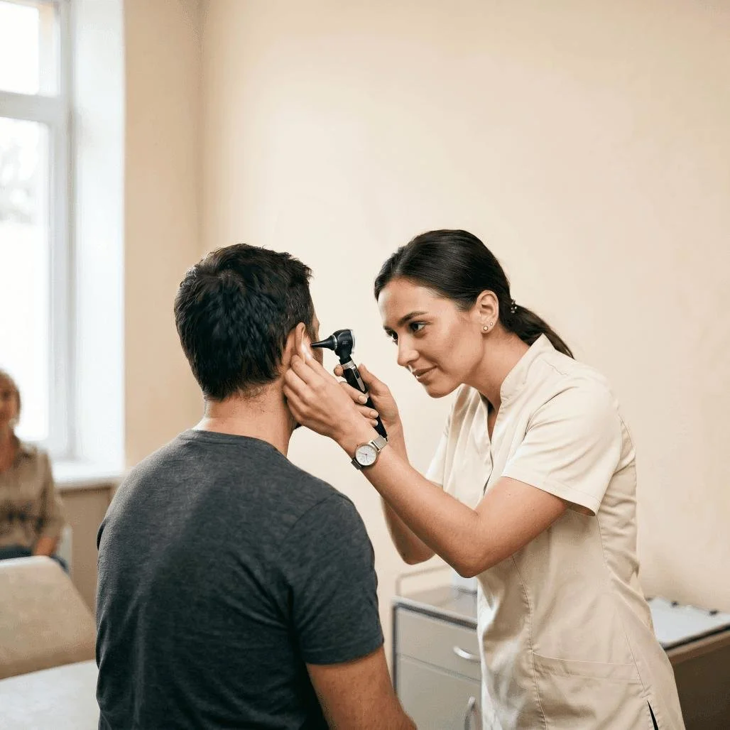 A healthcare professional examining a man's ear using an otoscope in a clinic setting.