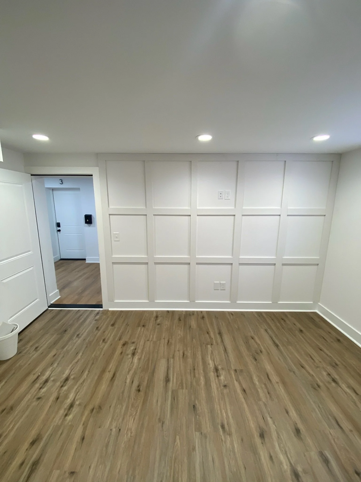 A white custom trim wall with rectangular paneling, three ceiling lights, a white door, brown wood floor.
