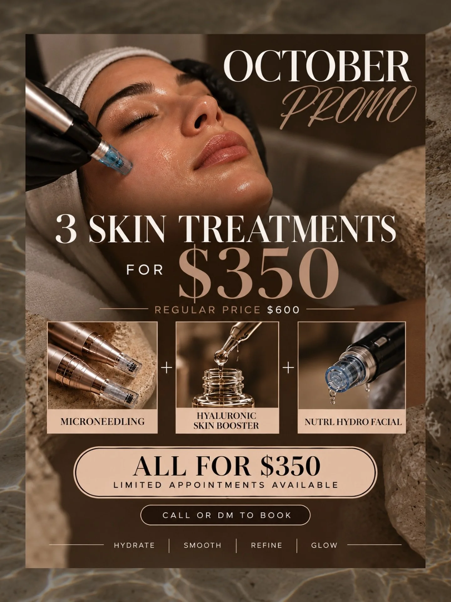 Edmonton microneedling, Hydro Facial + skin booster lovers, our October skin promo is here. 👀✨

For a limited time, get THREE skin treatments for only $350 (regularly $600).

Microneedling + Hyaluronic Skin Booster + our Nutrl Hydro Facial 🤎

One p