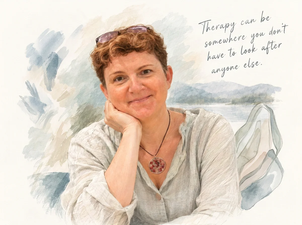 Watercolor-style portrait of a smiling woman with curly hair, glasses, and a pendant necklace, with the quote “Therapy can be somewhere you don’t have to look after anyone else.”