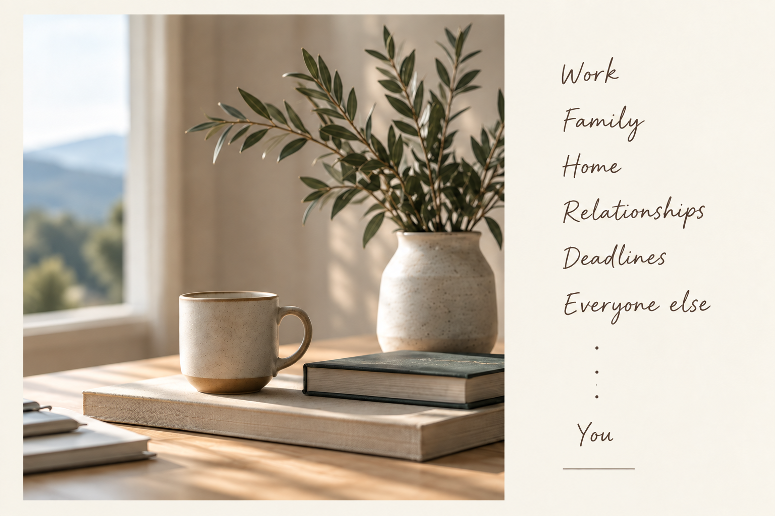 Cozy desk scene with coffee mug, books, leafy vase, and handwritten priorities list reading Work, Family, Home, Relationships, Deadlines, Everyone else, and You.