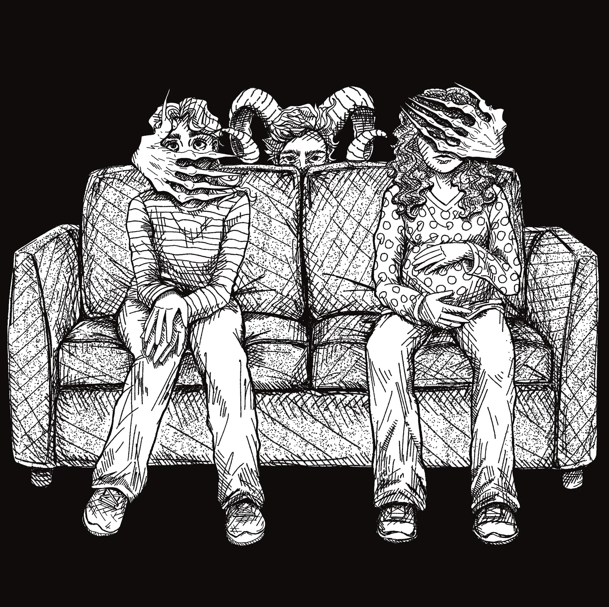 Black and white illustration of three people with animal-like features, reading a book. Their heads have horns, and their faces have detailed patterns. They are seated on a patterned couch, with a plain black background.